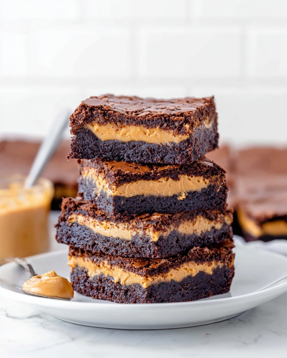 A stack of five brownie squares sits on a white plate, each piece showing three clear layers: a dark brown, fudgy bottom layer, a smooth, light brown peanut butter middle layer, and a thin, crackly dark brown top layer. The brownies have a slightly rough texture on top with small cracks, and the middle peanut butter layer is thick and creamy. The white plate rests on a white marbled surface with a blurred spoon holding two dollops of peanut butter in the foreground. The background is softly lit with a clean white tile wall. Photo taken with an iphone --ar 4:5 --v 7