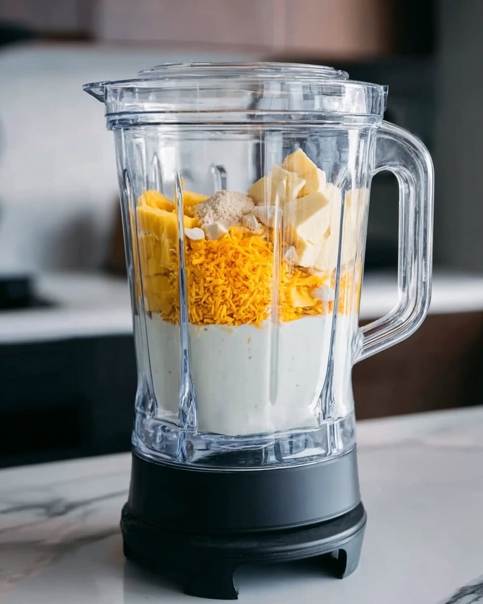 A clear blender container is filled with layered ingredients, placed on a black base against a white marbled surface. The bottom layer is a thick white liquid, topped with chopped yellow pieces and bright orange shreds. A small chunk of pale cream ingredient sits on the top right side of the yellow and orange mix. The blender handle is on the right side of the container. The background shows a blurred kitchen setting with neutral colors. photo taken with an iphone --ar 4:5 --v 7