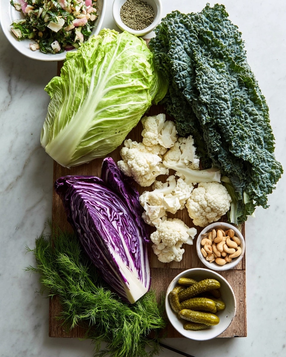 A top view of a wooden cutting board on a white marbled surface holding fresh vegetables and ingredients. At the top right, large green curly kale leaves lay with their deep texture clearly visible. Below the kale, several white cauliflower florets are spread out, showing their bumpy texture. To the left, a whole romaine lettuce with bright green leaves is placed diagonally. At the bottom left, two thick wedges of purple cabbage with white veins make a bold contrast. Fresh green dill sprigs lie across the middle right of the board, overlapping the cabbage slightly. On the bottom right corner, a white bowl holds two pickles and a handful of cashew nuts. Above the bowl, a small white dish contains dried green herbs. In the top left corner of the image, a white plate with mixed chopped ingredients is visible. The scene is lit by natural light, highlighting the vivid colors and fresh textures of the vegetables and nuts. Photo taken with an iphone --ar 4:5 --v 7