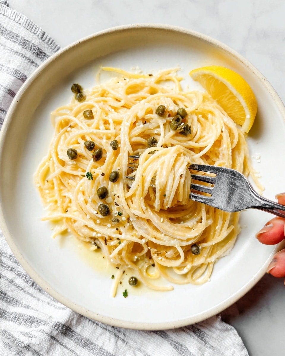 A white round plate is filled with creamy spaghetti noodles that have a smooth, shiny texture. The noodles form a loose pile in the center, with some lightly coated in a pale sauce. Small green capers are scattered across the pasta, adding some bits of color and texture. A quarter of a bright yellow lemon wedge rests on the edge of the plate. A silver fork, held by a woman's hand from the right side, twirls a small nest of noodles with some capers caught in between. The plate sits on a white marbled surface with a light striped cloth nearby. Photo taken with an iphone --ar 4:5 --v 7