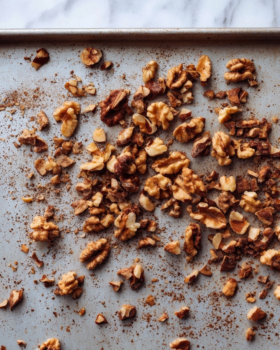 A worn metal baking tray filled with scattered walnut pieces in varying sizes and shades of brown, showing natural textures with rough and smooth surfaces, all spread unevenly across the tray; the background is a white marbled texture. photo taken with an iphone --ar 4:5 --v 7