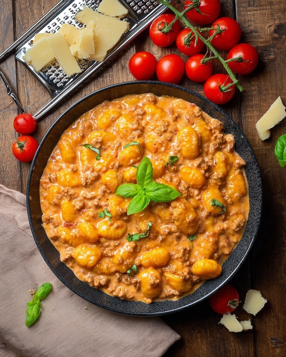 A round black bowl filled with rich orange gnocchi mixed in a thick creamy sauce with visible small pieces of ground meat, topped with a few fresh green basil leaves scattered over. Around the bowl, there are several small bright red cherry tomatoes still on vine, a metal grater with chunks of light yellow cheese on it, and some more cheese pieces nearby. The bowl sits on a wooden surface, with a light brown cloth napkin folded next to it. Photo taken with an iphone --ar 4:5 --v 7