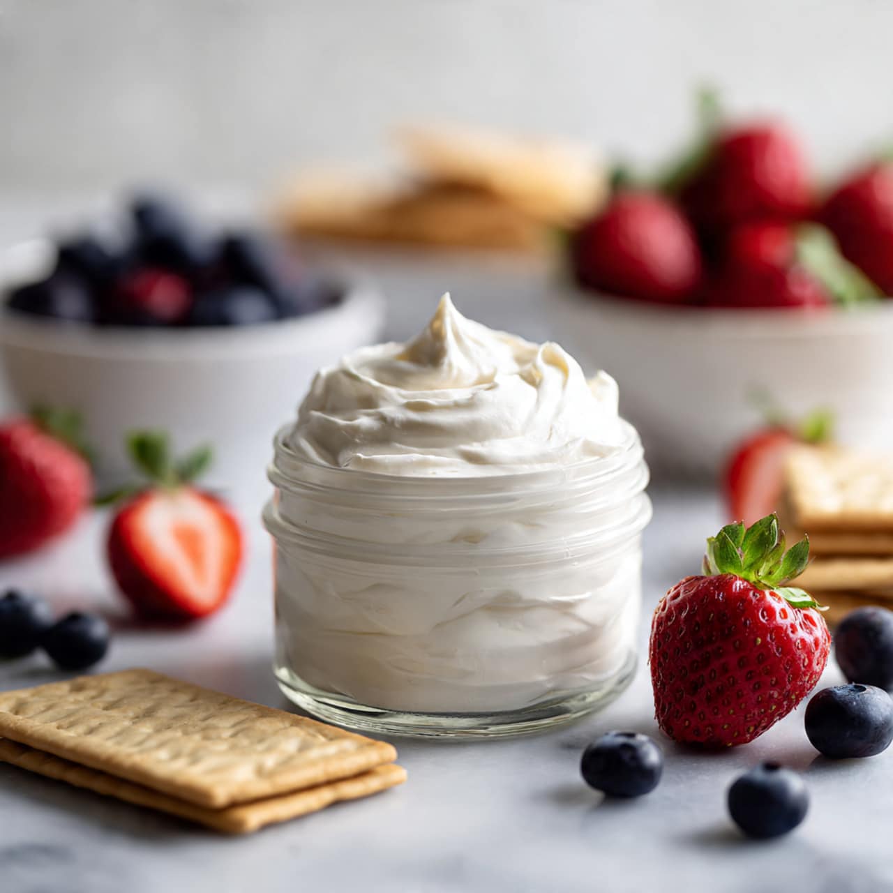 A white plate holds a circle of bright red strawberries with green caps arranged around a small black cup filled with thick white cream, topped with a single strawberry in the center. The plate is set on a white marbled tabletop, with blurred background showing a white plate with yellow cheese cubes and another white plate with red grapes. Photo taken with an iphone --ar 4:5 --v 7