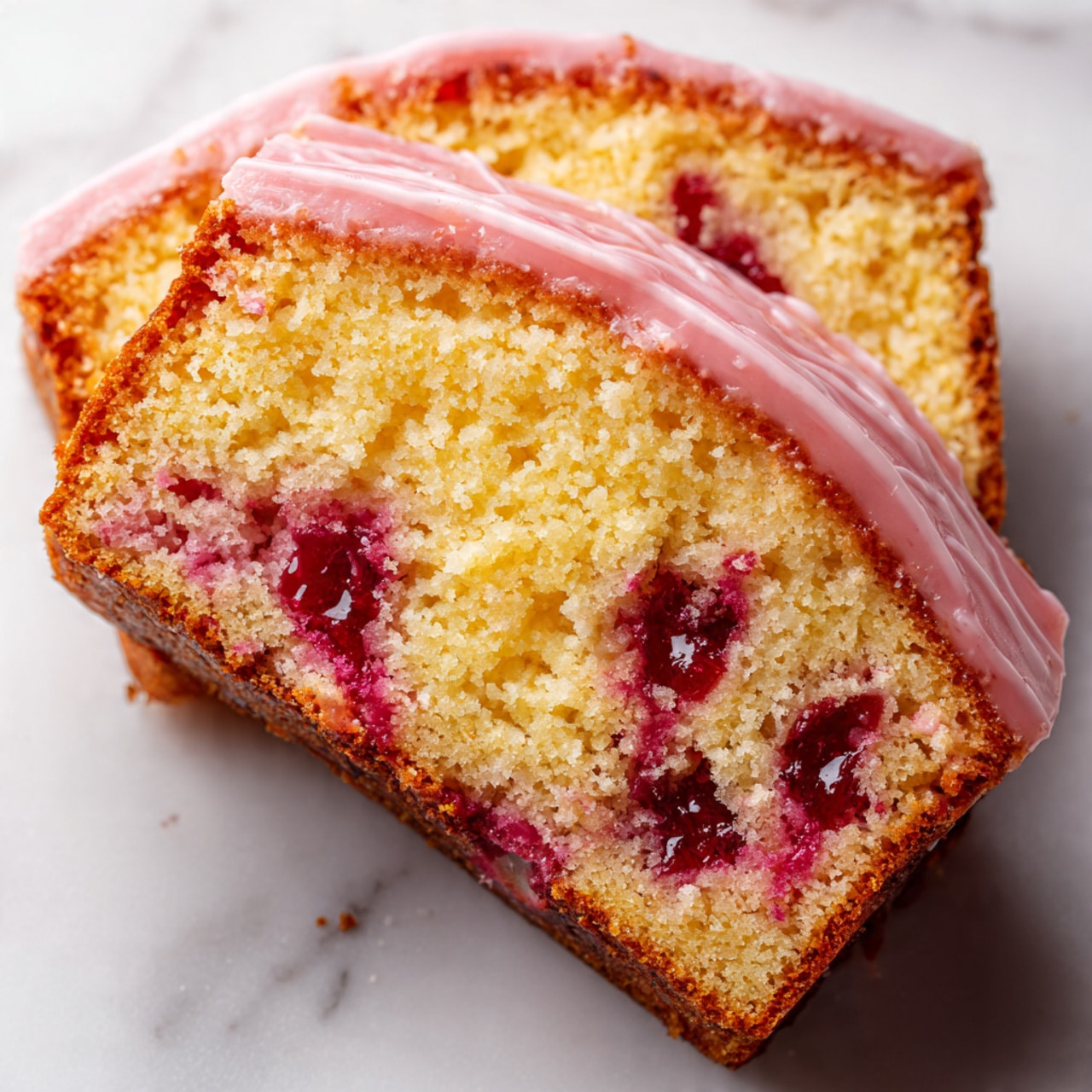 The image shows a close-up of two slices of yellowish cake with a soft and crumbly texture. Each slice has a pink glaze layer on top that looks smooth and shiny, covering the whole upper surface. Inside the cake, there are several uneven swirls and chunks of red fruit spread throughout the slices. The edges of the slices are slightly browned and have a firmer texture. The cake slices are placed on a white marbled surface. photo taken with an iphone --ar 4:5 --v 7