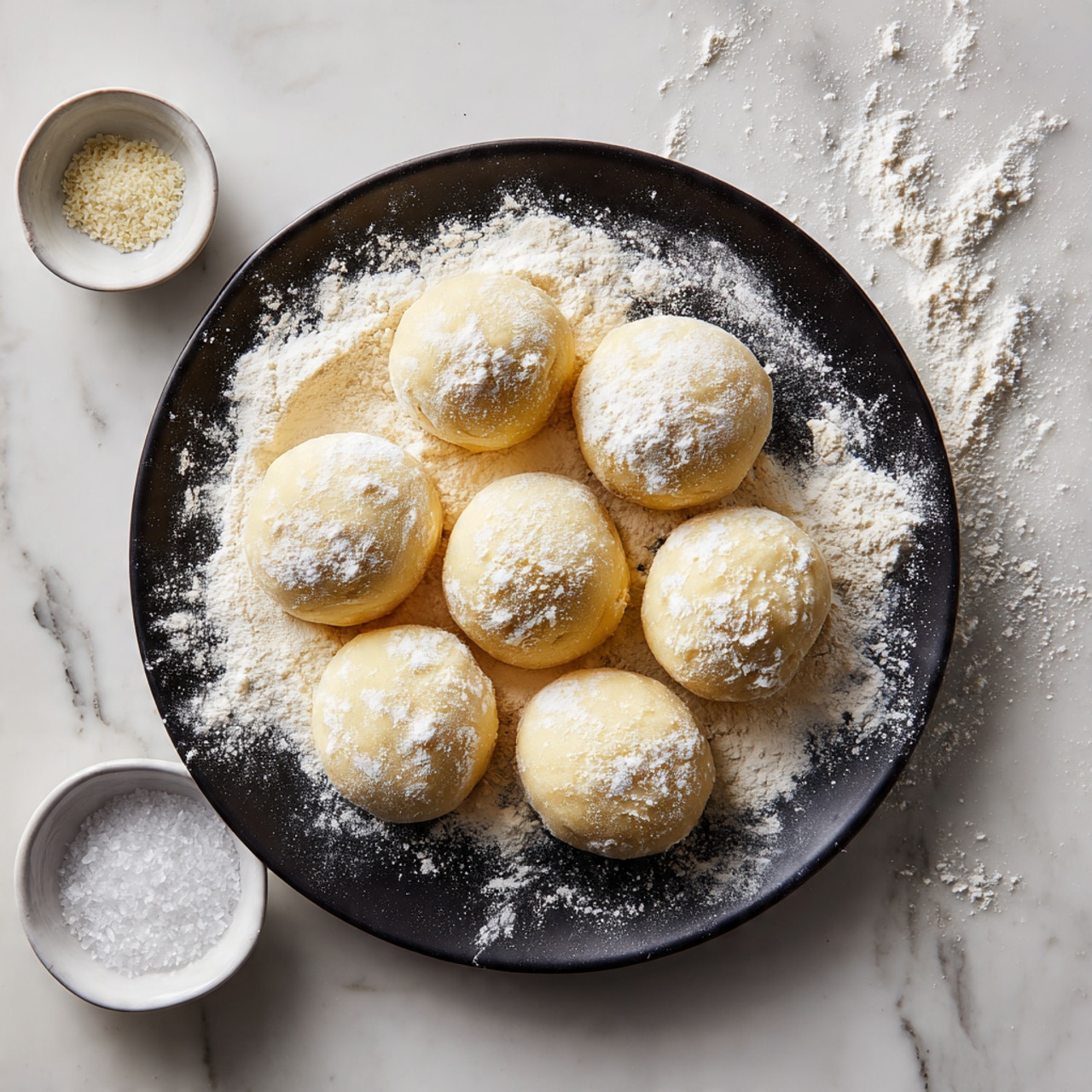 The image shows eight round dough balls resting on a dark plate covered with a thick layer of white flour. Each dough ball is lightly dusted with flour, giving them a soft, powdery texture. The plate sits on a white marbled surface, with some scattered flour around it. There are two small white bowls nearby, one containing extra flour and the other with salt, adding to the baking scene. photo taken with an iphone --ar 4:5 --v 7