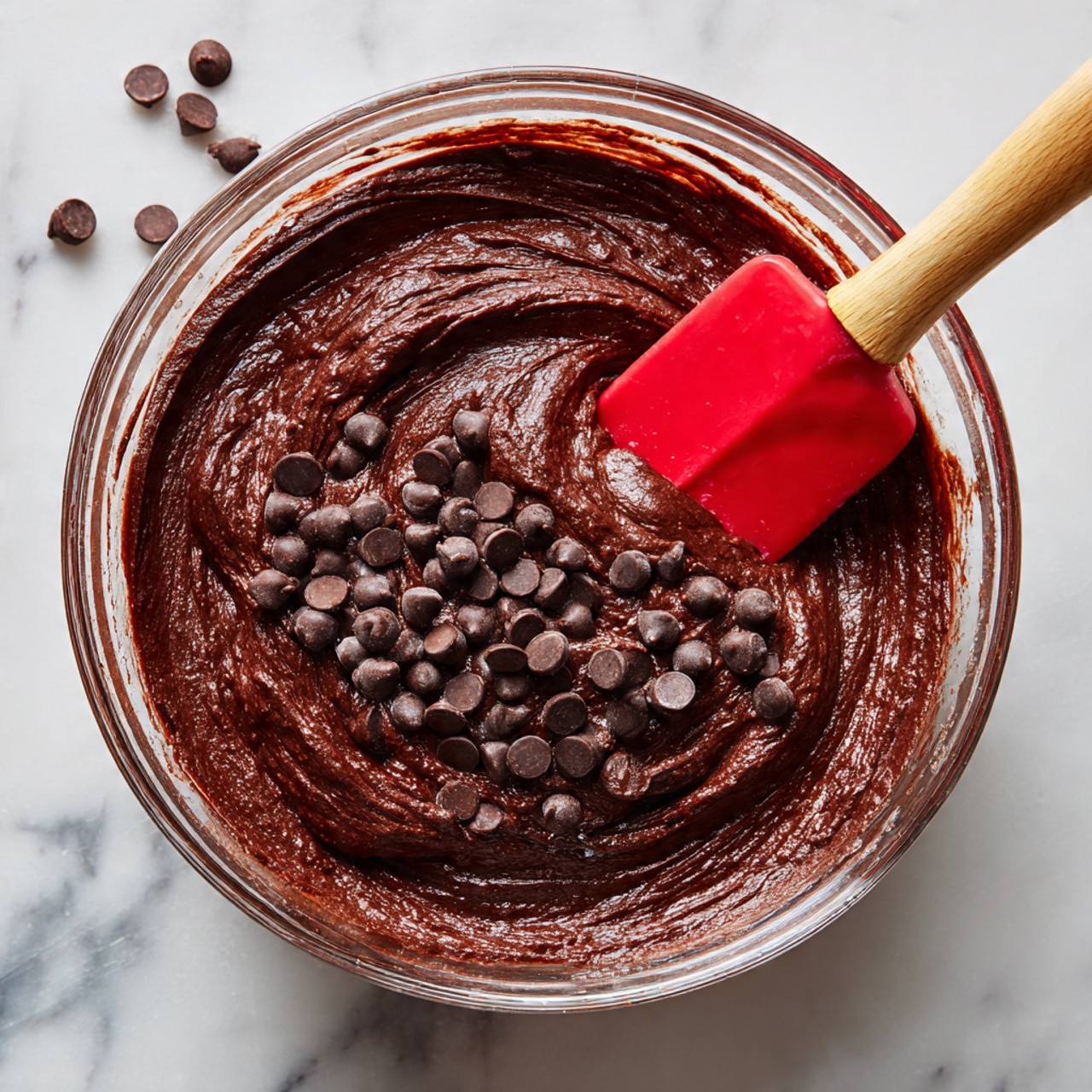 A clear glass bowl filled with thick, smooth dark brown chocolate batter with visible swirls, mixed with dark chocolate chips scattered on top. A red silicone spatula with a wooden handle is partially inside the batter, resting on the right side of the bowl. The bowl sits on a white marbled surface, and the background is softly blurred. photo taken with an iphone --ar 4:5 --v 7
