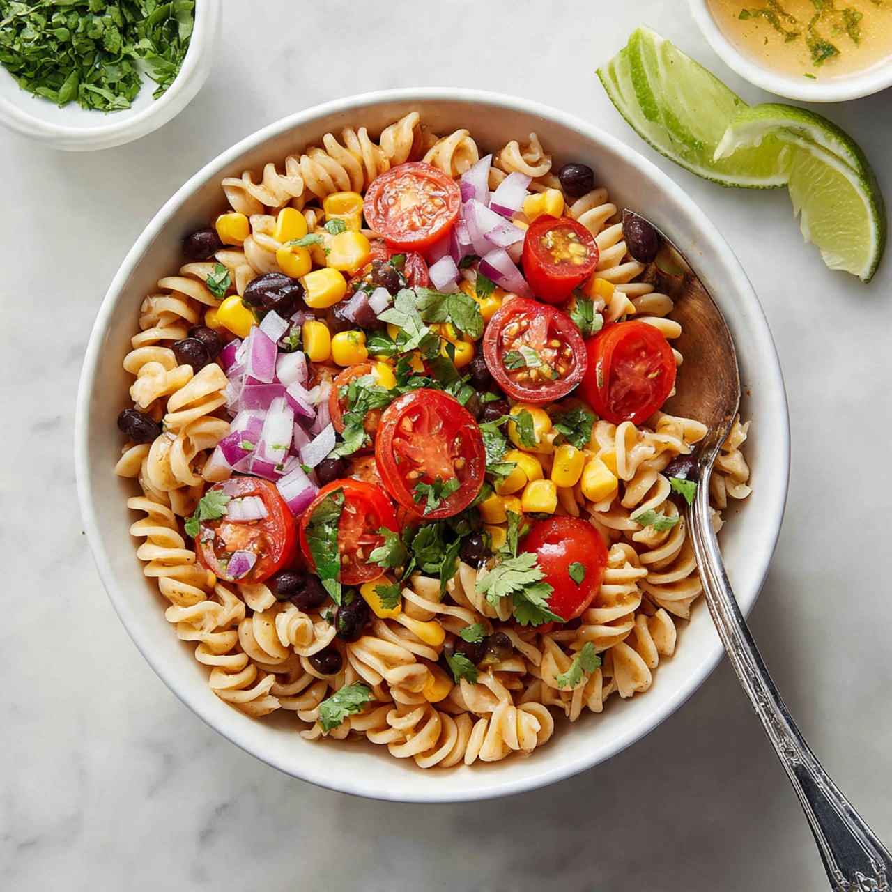 A white bowl filled with a mix of spiral pasta coated in a light sauce, layered with bright red cherry tomato halves, black beans, yellow corn kernels, and small chunks of red bell pepper. There are pieces of grilled sausage with a light brown and slightly charred texture spread throughout. Finely chopped fresh green herbs are sprinkled on top, adding a fresh look. The bowl sits on a white marbled surface with a silver fork placed inside the bowl on the left side. Photo taken with an iphone --ar 4:5 --v 7