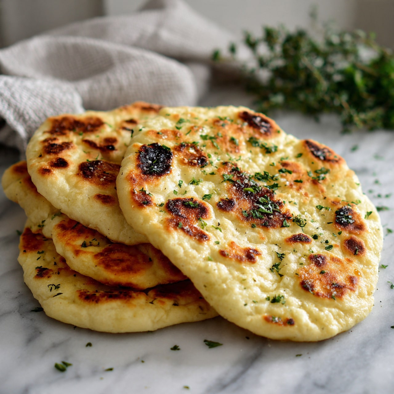 A round flatbread with a light golden color and dark brown char spots sits in a black cast iron pan on a wooden board. The flatbread has a slightly uneven surface texture with some puffed areas and is garnished with a few green herb leaves on one side. The background is a white marbled surface with a crumpled white cloth partially visible near the pan. photo taken with an iphone --ar 4:5 --v 7