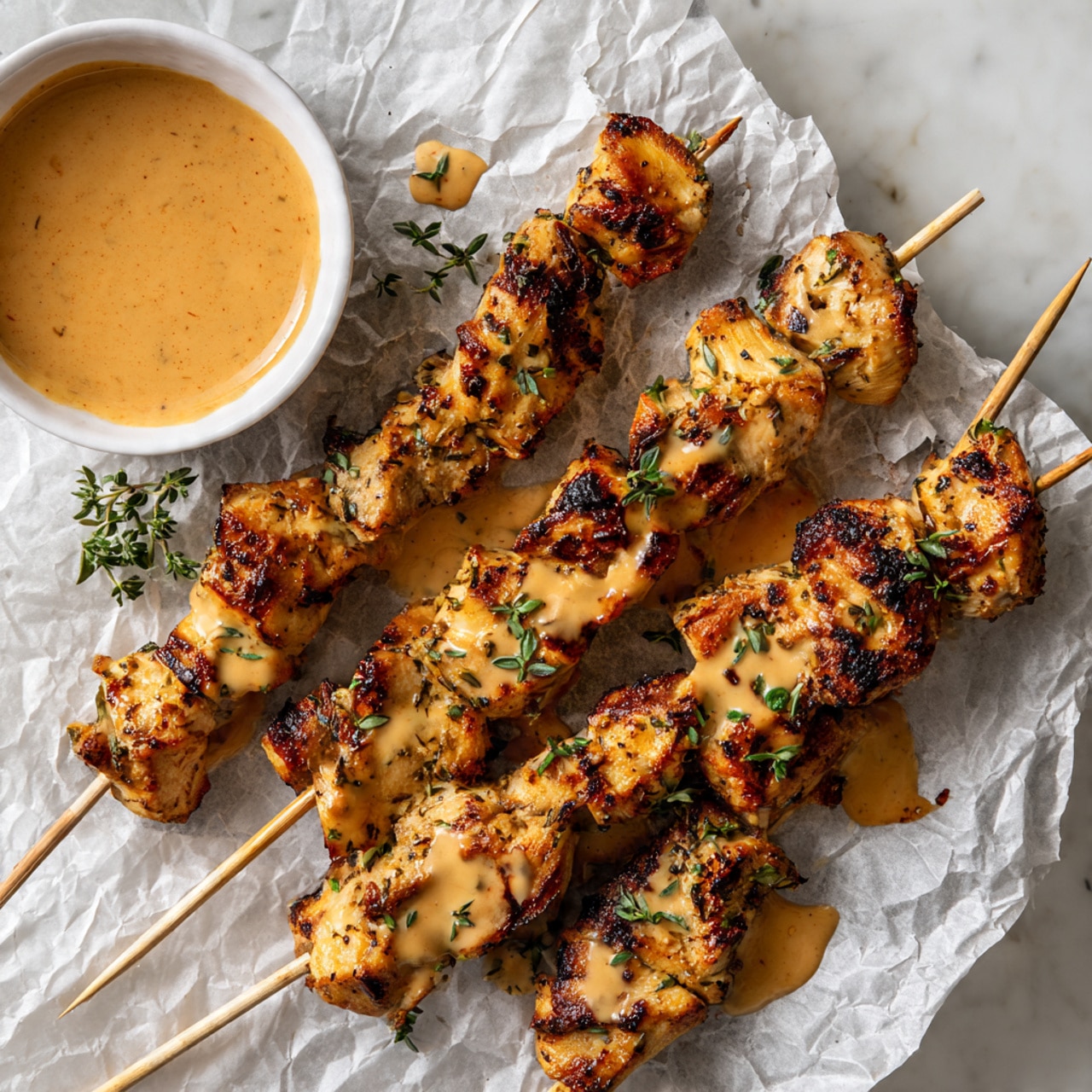 The image shows several grilled chicken skewers on a white plate placed on a white marbled surface. Each skewer has multiple chunky pieces of chicken that are browned with some charred spots, giving a crispy texture. The chicken pieces are coated with a light, creamy orange sauce drizzled unevenly on top. Small green herb leaves are sprinkled over the chicken skewers for a fresh touch. The focus is close-up, capturing the juicy and slightly shiny look of the chicken and sauce. Photo taken with an iphone --ar 4:5 --v 7