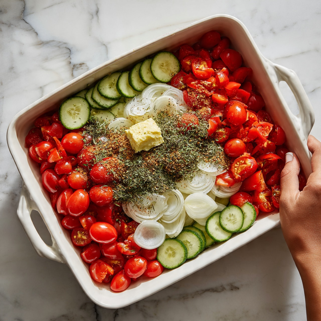 A white rectangular baking dish contains a colorful mix of fresh vegetables and spices arranged in distinct layers. The bottom layer consists of vibrant red cherry tomatoes scattered around the edges and middle. Above them, there are fresh green cucumber slices placed evenly around the tomatoes. On top of the cucumbers, thin white onion slices and small pieces of red bell pepper are arranged centrally. In the middle of this arrangement, a small pile of various herbs and spices sits, featuring a mix of green and red seasonings, with a small dollop of a light yellow substance, likely a sauce or butter, right on top. The background features a white marbled surface with a woman's hand gently touching the corner of the baking dish. Photo taken with an iphone --ar 4:5 --v 7