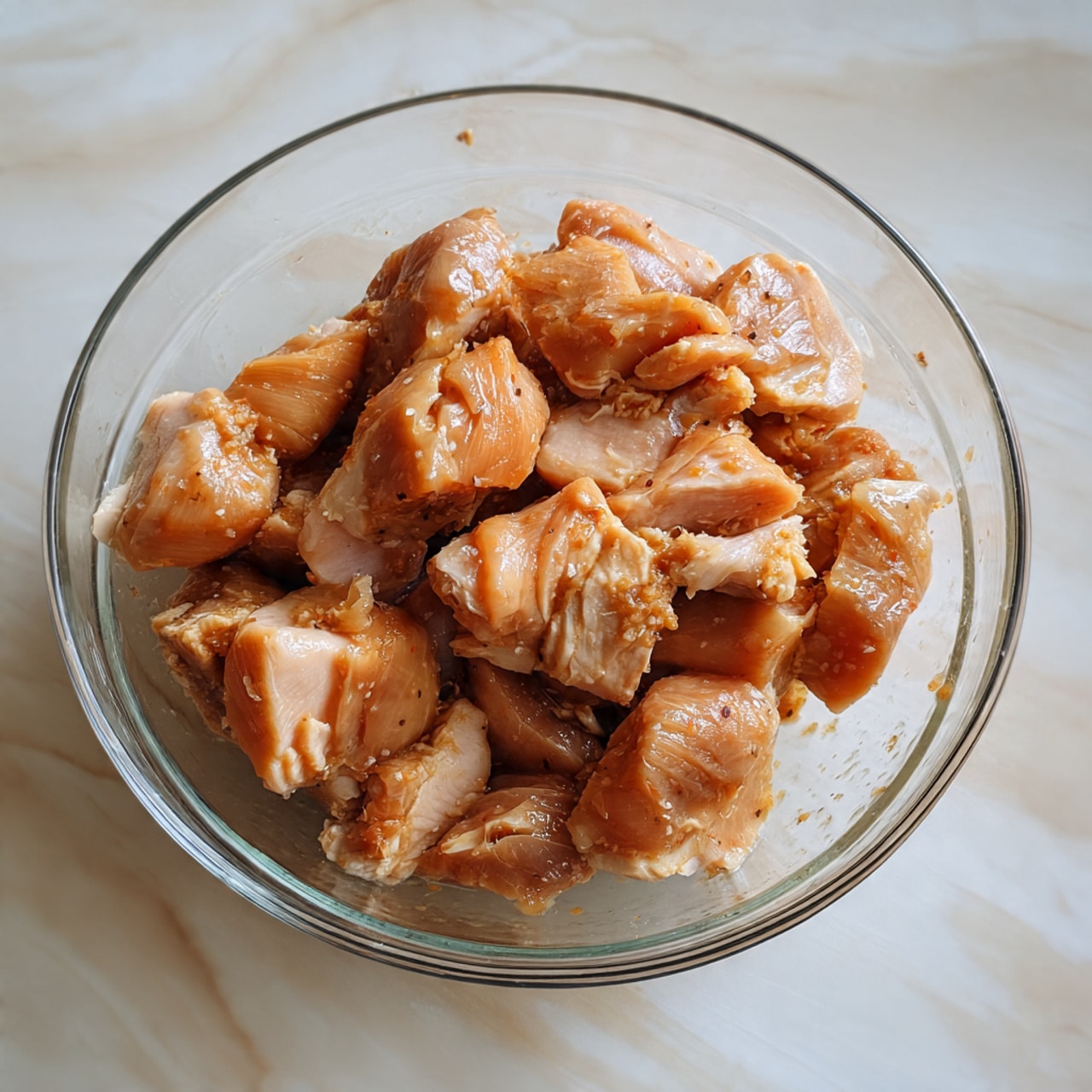A clear glass bowl filled with many small pieces of orange and light pink marinated chicken, showing smooth and slightly wet textures from the sauce. The bowl sits on a white marbled surface, and the chicken pieces are piled in one layer inside the bowl, each piece having visible lines of seasoning. Photo taken with an iphone --ar 4:5 --v 7