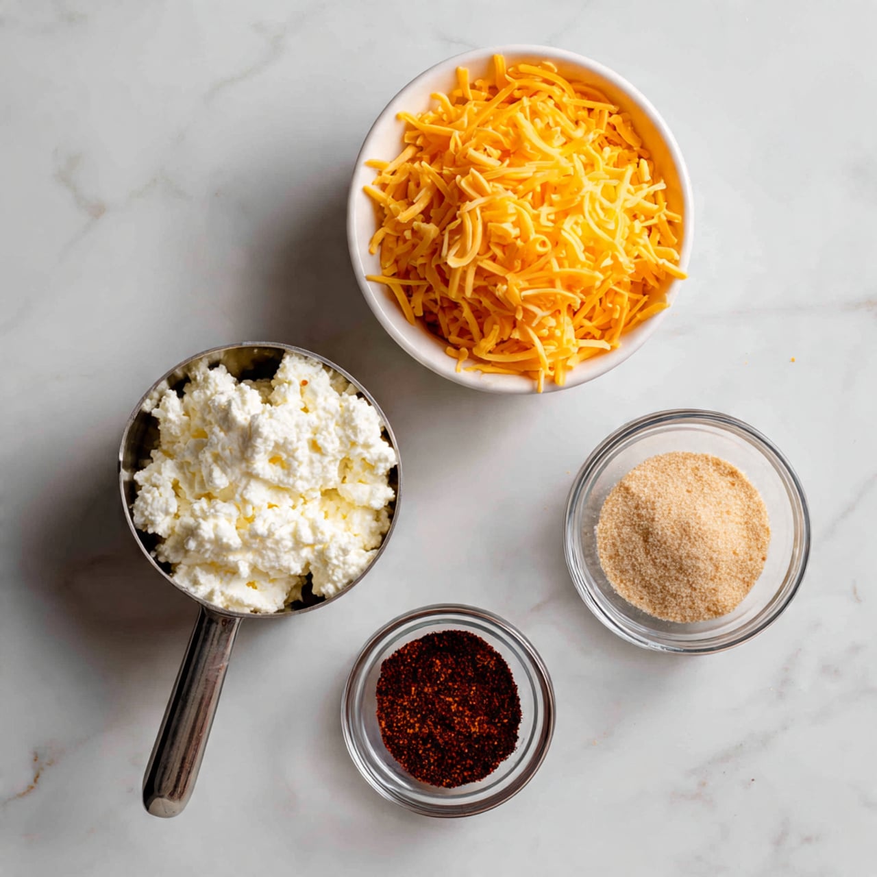 The image shows four small bowls on a white marbled surface, each with a different ingredient. The largest bowl is white and filled with a bright orange layer of shredded cheddar cheese. Below it, there is a metal measuring cup filled with lumpy white cottage cheese. To the right of the cottage cheese is a small clear glass bowl with dark red chili powder, and to the left, another small clear glass bowl holds light brown taco seasoning. The arrangement is neat and spaced evenly, with all ingredients visible from above. Photo taken with an iphone --ar 4:5 --v 7
