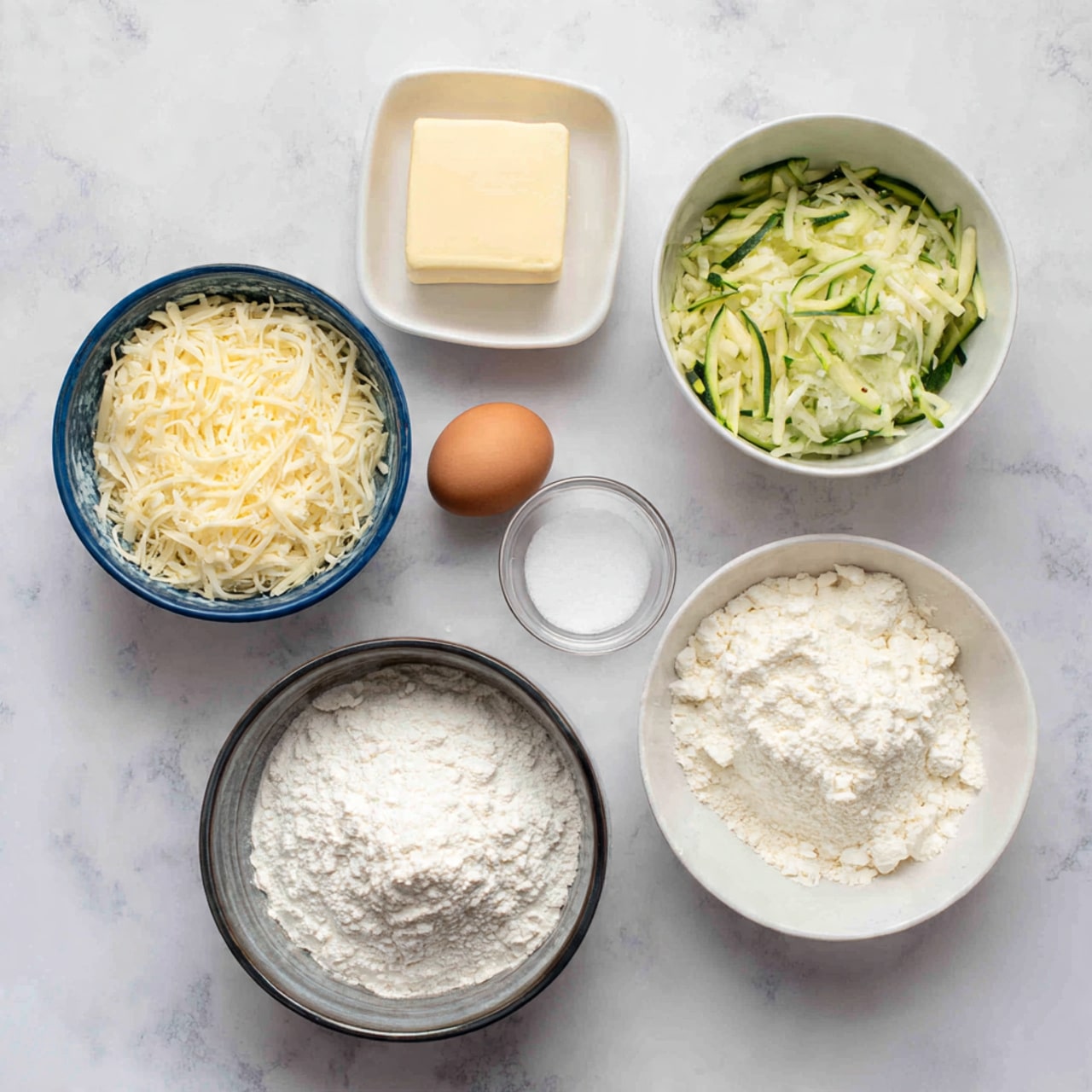 A top view of six containers with ingredients placed on a white marbled texture. In the bottom center, a white bowl with a black rim is filled with white flour, next to it on the right is a single brown egg and a small clear glass bowl with a small amount of white powder. Above the flour bowl, a white bowl holds light green shredded zucchini. To the left of this, a white bowl with a blue rim has a mix of shredded yellow and white cheese. Top left, a dark gray bowl contains white cottage cheese. At the top center, a small white dish holds a rectangular pale yellow block of butter. photo taken with an iphone --ar 4:5 --v 7