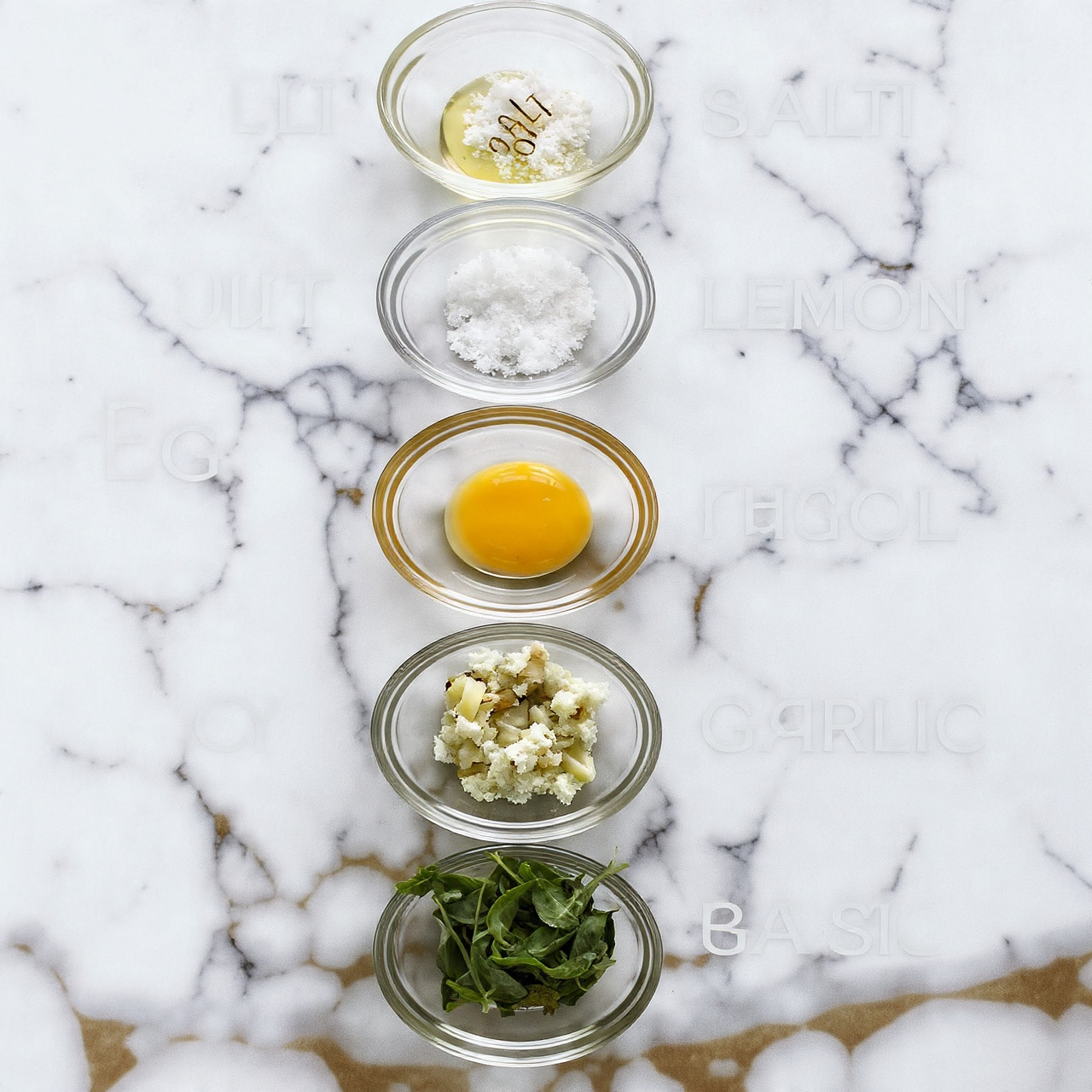 The image shows six small clear glass bowls arranged vertically on a white marbled surface. From top to bottom, the first bowl holds a light yellow liquid labeled olive oil, the second contains white coarse salt, the third has a clear liquid identified as lemon juice, the fourth bowl holds a bright yellow egg yolk, the fifth contains minced pale yellow garlic, and the sixth has chopped fresh green basil leaves. The labels are written in simple white uppercase letters next to each bowl. The overall look is clean, bright, and orderly with natural lighting. Photo taken with an iphone --ar 4:5 --v 7