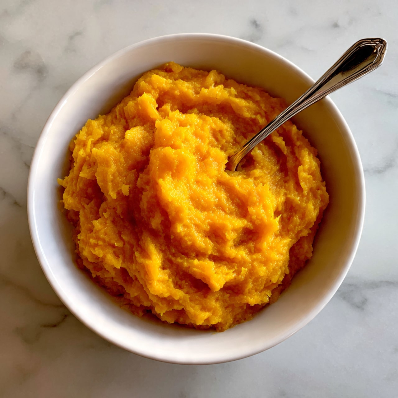 A white bowl filled with a bright orange, soft, mashed mixture that looks smooth but with small chunks, spread evenly inside the bowl. A silver fork lies in the center on top of the mash, its handle extending outward towards the bottom edge of the image. The bowl sits on a white marbled surface. Photo taken with an iphone --ar 4:5 --v 7