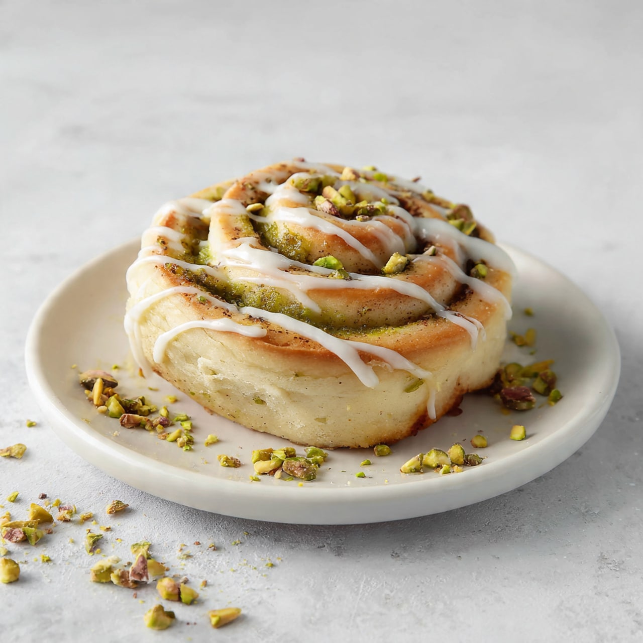 A single cinnamon roll sits on a simple white plate, with a white marbled surface underneath. The roll has a spiral shape made of light golden brown dough with a greenish spread inside the layers, likely pistachio. On top, thin white icing lines are drizzled randomly across the roll. Small pieces of chopped pistachio nuts are scattered on and around the roll, adding texture and color contrast. The roll looks soft and slightly shiny, showing a fresh bake look. photo taken with an iphone --ar 4:5 --v 7