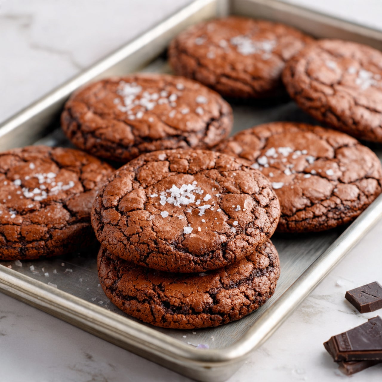 The image shows several rich dark brown chocolate cookies with a cracked surface texture, each topped with small flakes of white sea salt. The cookies are round and slightly thick, resting on a white baking tray lined with parchment paper. The close-up view highlights the contrast between the dark cookie color and the bright salt flakes, with the baking tray edges faintly visible on the right side. The background is a white marbled texture. photo taken with an iphone --ar 4:5 --v 7