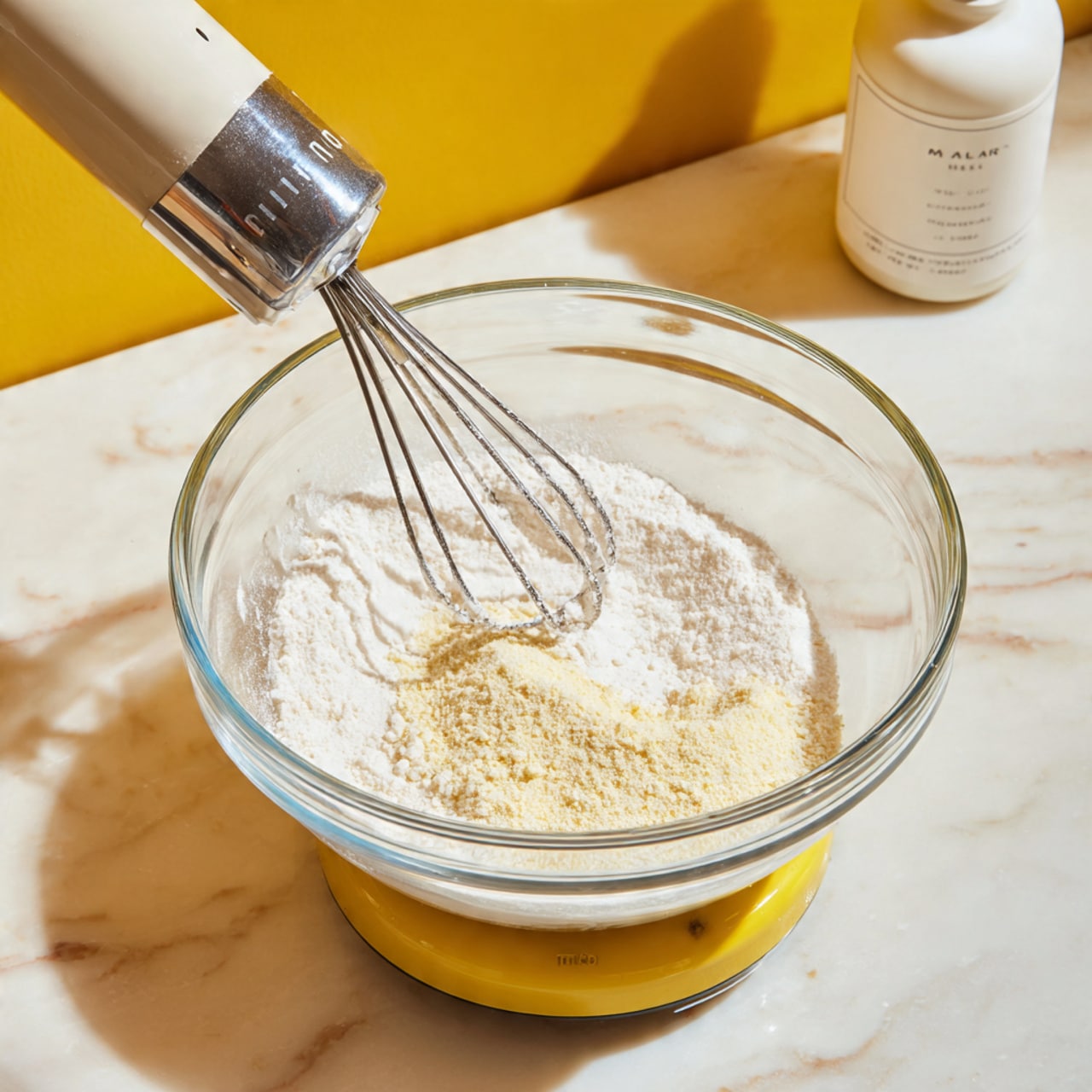 A clear glass mixing bowl shows three layers of ingredients inside: a white creamy layer at the bottom, a slightly thicker white powdery layer in the middle, and small scattered specks of beige powder on top. The bowl sits on a yellow electric mixer base, and a metal whisk is positioned above the ingredients, ready to mix. In the background, a bottle with a white label and a small white cap are visible on a white marbled surface. The image is bright and focused on the bowl and whisk. photo taken with an iphone --ar 4:5 --v 7