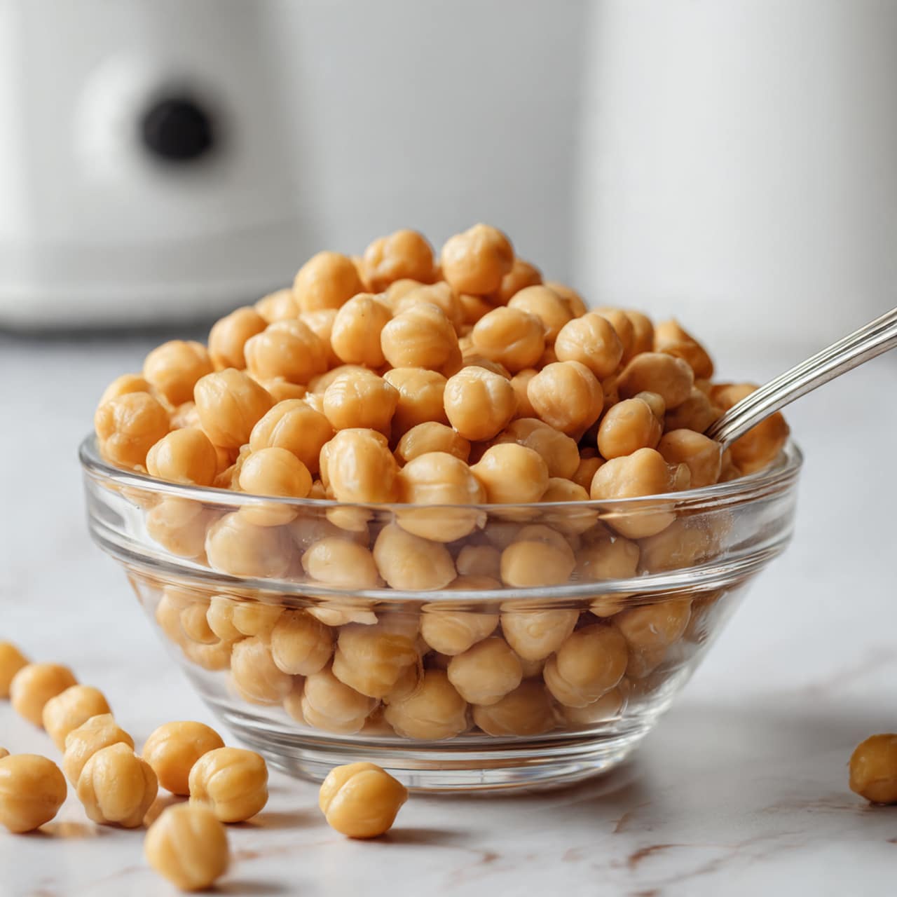 A clear glass bowl filled to the top with round, light beige chickpeas, showing a smooth and slightly shiny texture. The chickpeas are piled unevenly with some spilling over the edge onto a white marbled surface. A silver spoon rests inside the bowl on the right side, partly submerged among the chickpeas. The background includes a white kitchen appliance slightly out of focus. photo taken with an iphone --ar 4:5 --v 7