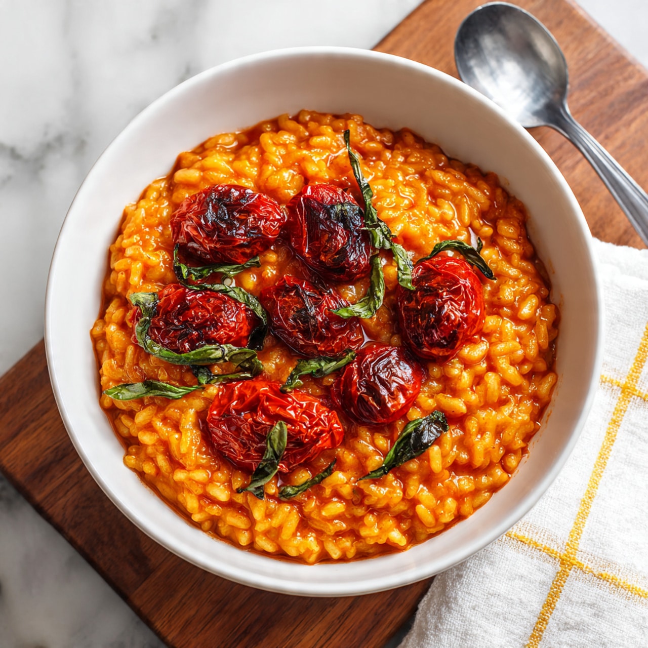 The image shows a close-up view of a dish with two main layers. The bottom layer is soft rice cooked in a thick orange sauce, which looks smooth and a bit shiny. On top, there are many roasted cherry tomatoes, small and round, with slightly wrinkled skins and a shiny, bright red color, some with black pepper sprinkled on them. The dish is in a white pan, and the background is a white marbled surface. photo taken with an iphone --ar 4:5 --v 7