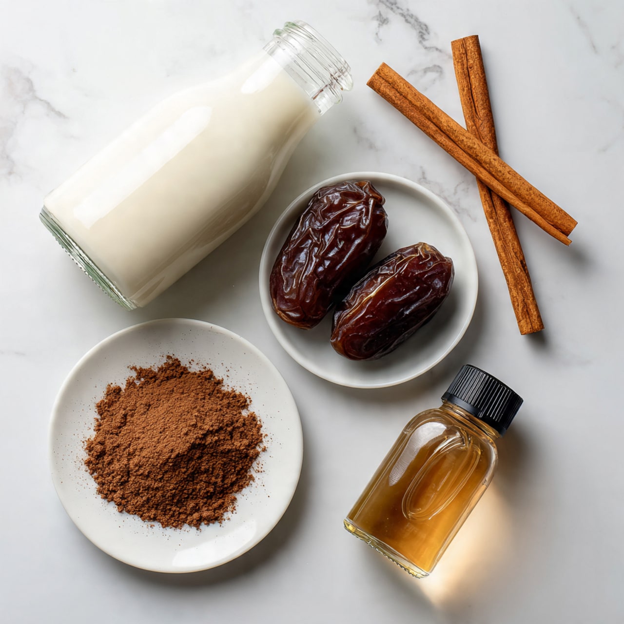 The image shows five ingredients laid out on a white marbled surface. There is a tilted clear glass bottle filled with white plant milk at the top left. To its right are two cinnamon sticks placed diagonally. Below the cinnamon, two dark brown dates with wrinkled texture sit close together. At the bottom right, there is a small clear bottle filled with light brown vanilla extract and a black cap. At the bottom left, a white plate holds a small pile of brown cacao powder with a slightly crumbly texture. Each ingredient is labeled in white text next to it. Photo taken with an iphone --ar 4:5 --v 7