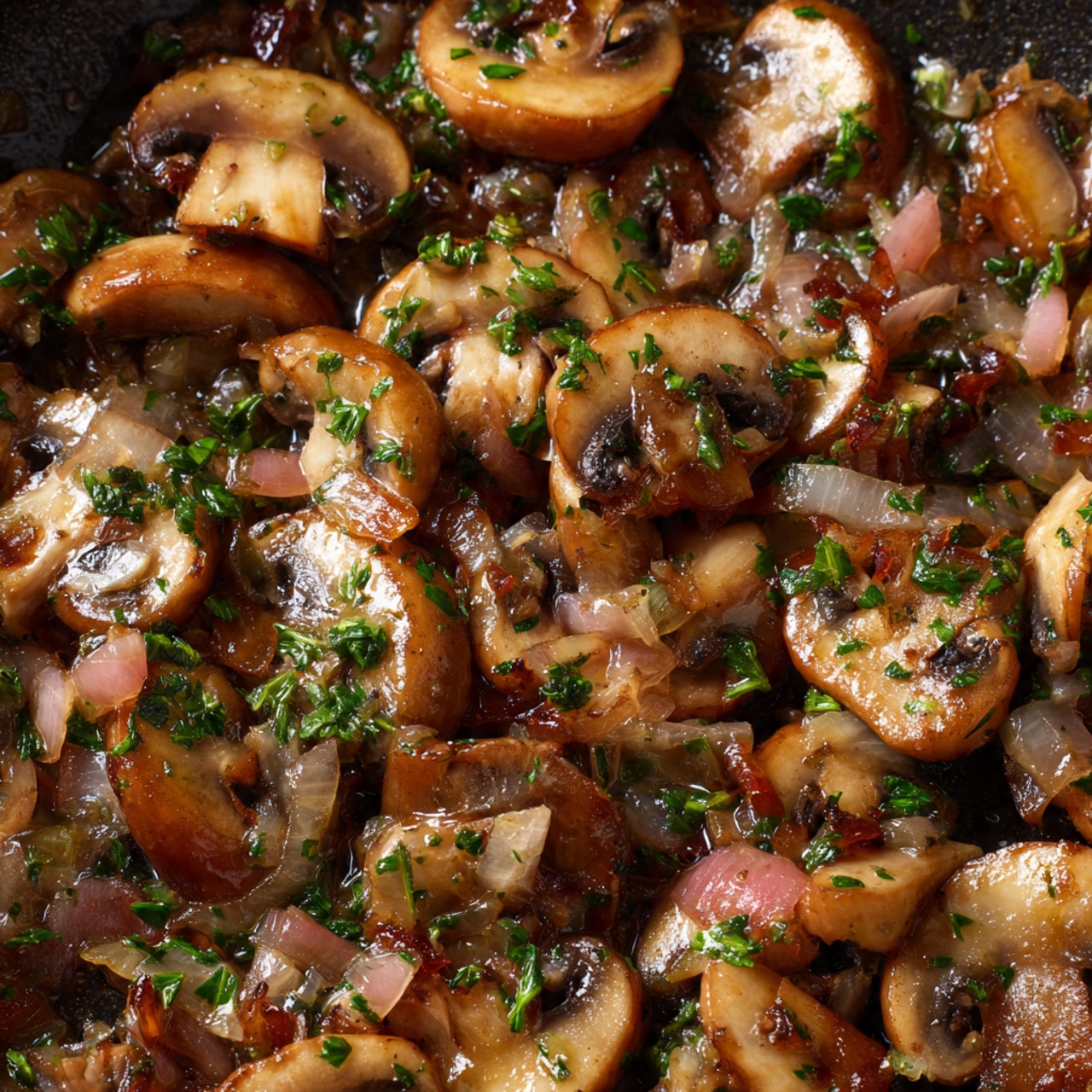 The image shows a close-up of a pan with cooked mushrooms and sliced shallots inside. The mushrooms are brown with a slightly glossy, cooked texture, and they are mixed with translucent, soft pink shallots scattered evenly throughout. The pan's dark surface contrasts well with the warm colors of the cooked ingredients. The mushrooms and shallots are spread out in one an even layer, glistening with a little oil. photo taken with an iphone --ar 4:5 --v 7
