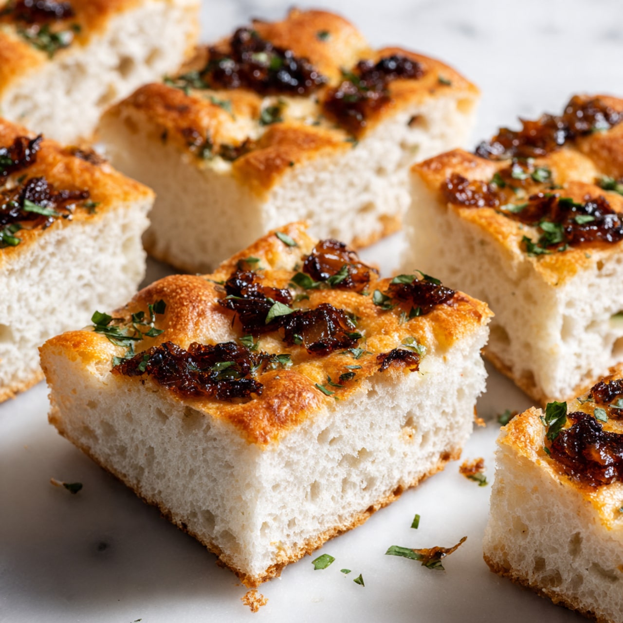 The image shows a close-up of a flatbread with two main layers. The base layer is a light golden-brown soft bread with a slightly bubbly texture. On top, there is a thick spread of caramelized onions that are dark brown with some shiny, sticky spots. Scattered over the onions are small fresh green herb leaves and coarse white salt flakes, adding texture and color contrast. The background is a white marbled surface. photo taken with an iphone --ar 4:5 --v 7