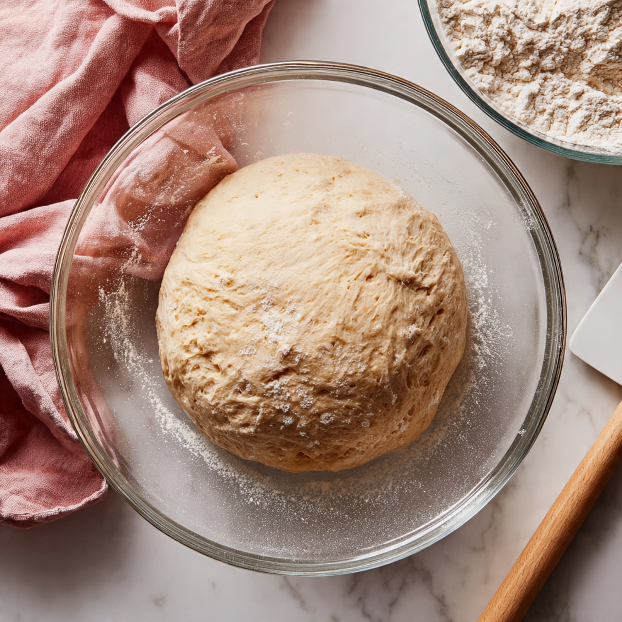 A smooth, round ball of light beige dough sits in the center of a clear glass bowl, showing a slightly soft and airy texture. The dough covers the bottom of the bowl and touches the sides with some flour dusted around the edges inside the bowl. The bowl rests on a white marbled surface, next to a soft, folded pink cloth on the left and a white spatula on the lower right. In the upper right corner, there is a partial view of another clear glass bowl with a bit of white flour inside. Photo taken with an iphone --ar 4:5 --v 7