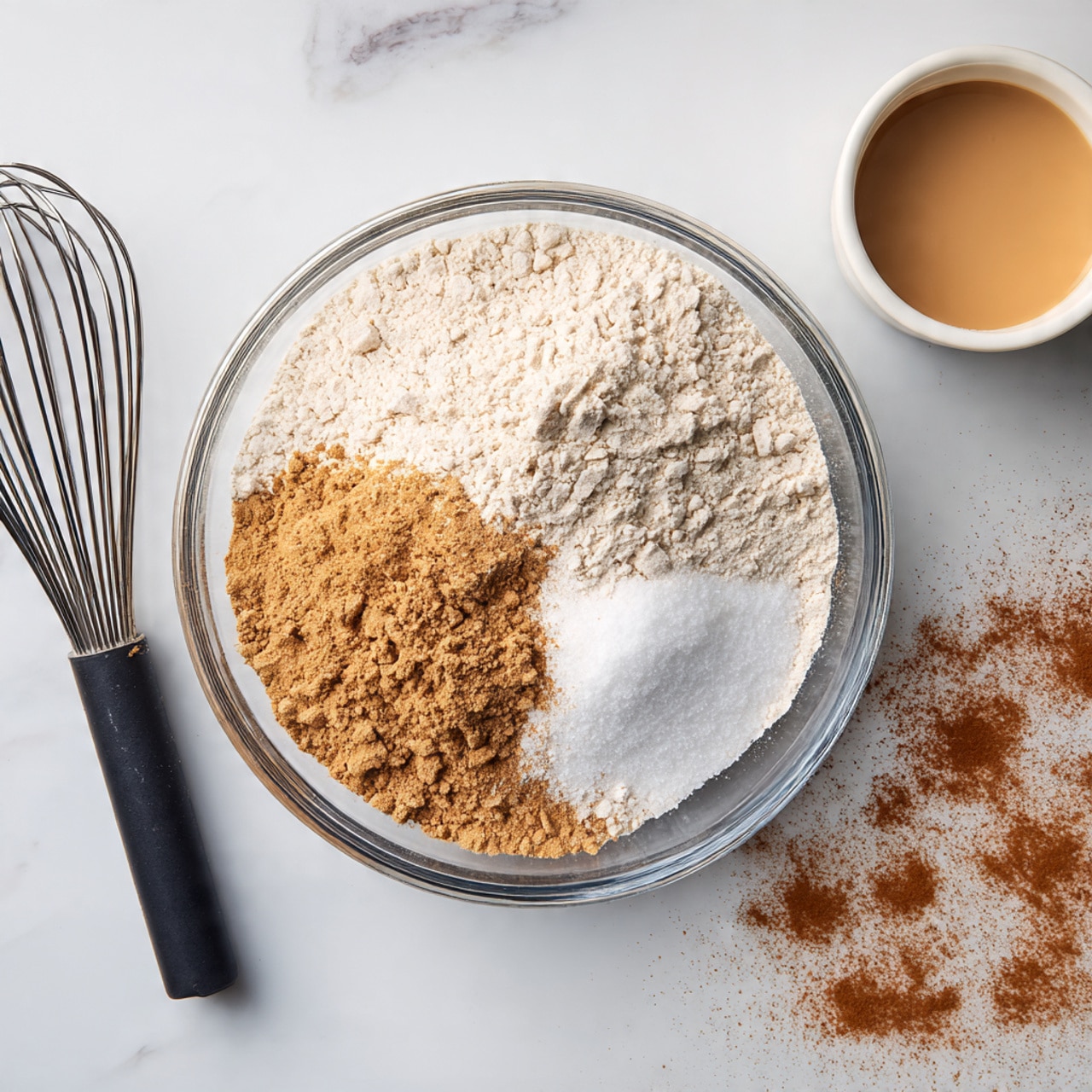 A clear glass bowl contains three main dry ingredients neatly divided inside: light beige flour on the right, fine white granulated sugar and salt in the center, and brown spices on the left, creating a visually distinct layering effect. The bowl is placed on a white marbled surface with scattered brown spice powder nearby. To the top right, a small white bowl filled with a smooth light brown liquid sits partially visible. A black whisk with a black handle rests at the upper left edge of the frame. The image is clean and well-lit, showing the textures of the powdery ingredients clearly. Photo taken with an iphone --ar 4:5 --v 7