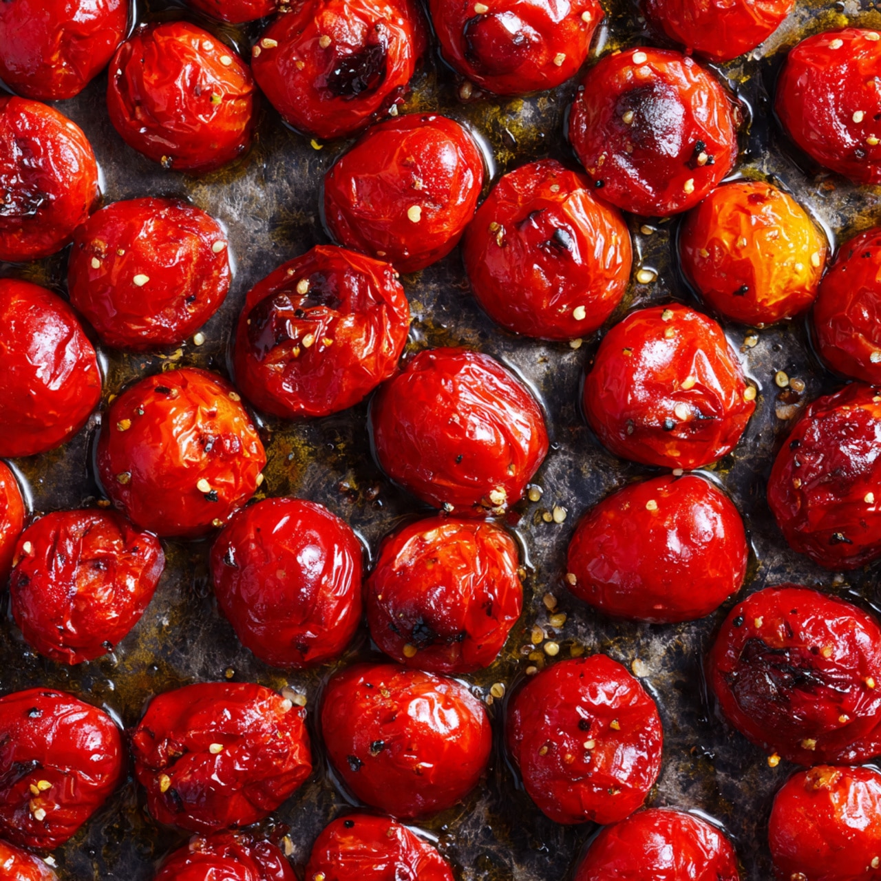 This image shows many small roasted cherry tomatoes spread out on a shiny metal baking tray. The tomatoes have bright red color with some parts wrinkled and slightly charred, showing a cooked texture. Olive oil and small black pepper bits shine under the tomatoes, creating a glossy and oily surface with warm brown spots from roasting. The scene captures the tomatoes closely, highlighting their shiny, soft skin and juicy look. Photo taken with an iphone --ar 4:5 --v 7