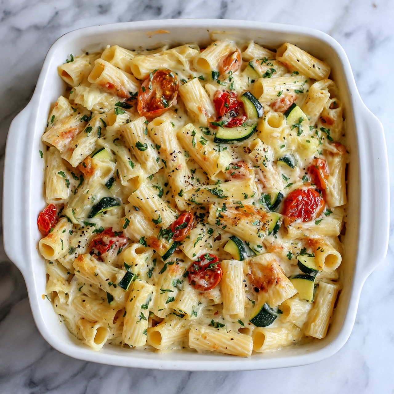 A white rectangular baking dish holds a layered pasta dish. The bottom layer is creamy with chunks of red cherry tomatoes and bits of green herbs mixed into the sauce, which has a slightly browned, baked texture along the edges. On top of this creamy layer, there is a layer of rigatoni pasta, pale yellow in color, scattered across the surface. A woman's hand is using a grey spatula to mix the pasta with the creamy tomato layer underneath. Around the baking dish, there are small glass bowls with finely chopped herbs, set on a white marbled surface along with a white and black striped cloth. Photo taken with an iphone --ar 4:5 --v 7