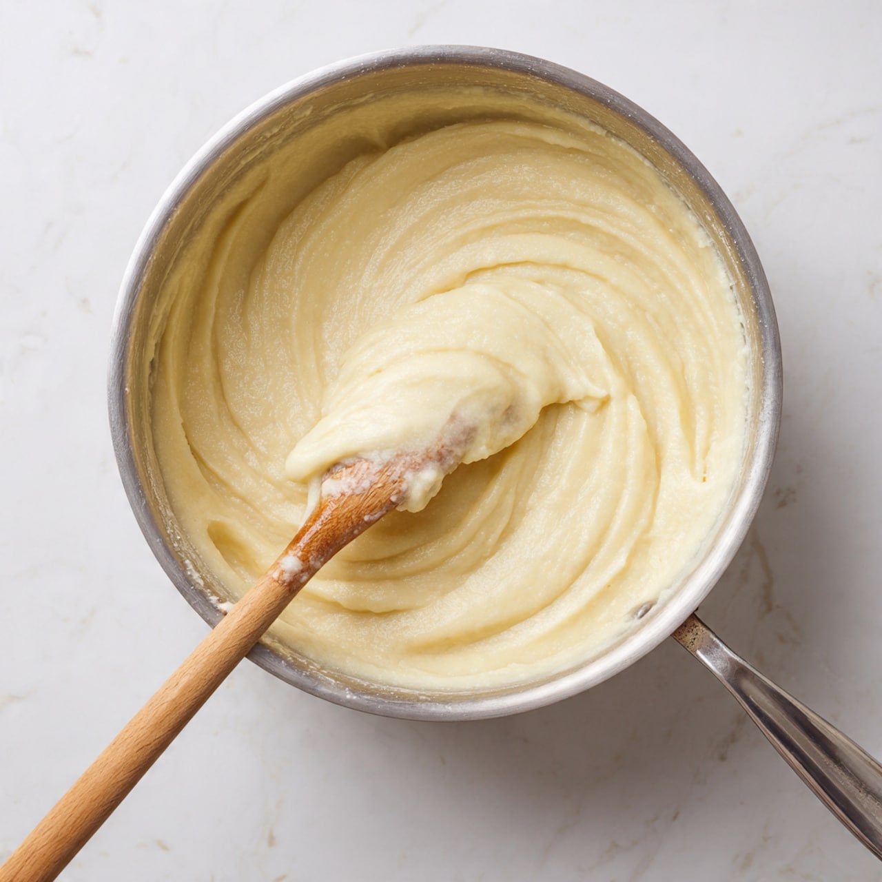 A metal pot sits on a white marbled surface, filled with a smooth, creamy, pale yellow batter that has a thick, soft texture. The batter is swirled gently inside the pot, creating soft ridges and folds. A wooden spatula with some batter clinging to it rests on the side of the pot, with the batter slightly dripping from its edge. The scene focuses closely on the pot and batter, highlighting the creamy texture and light color. photo taken with an iphone --ar 4:5 --v 7