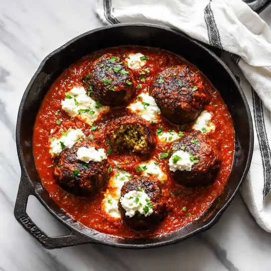 The image shows a black cast iron pan filled with four browned meatballs in a rich red tomato sauce, with lots of white dollops of creamy cheese scattered on top. One meatball is broken open in the center, revealing a greenish, textured filling inside. The sauce has small chunks and some herbs sprinkled over it. The pan rests on a white marbled surface, and a white cloth with black stripes is visible in the top right corner. photo taken with an iphone --ar 4:5 --v 7