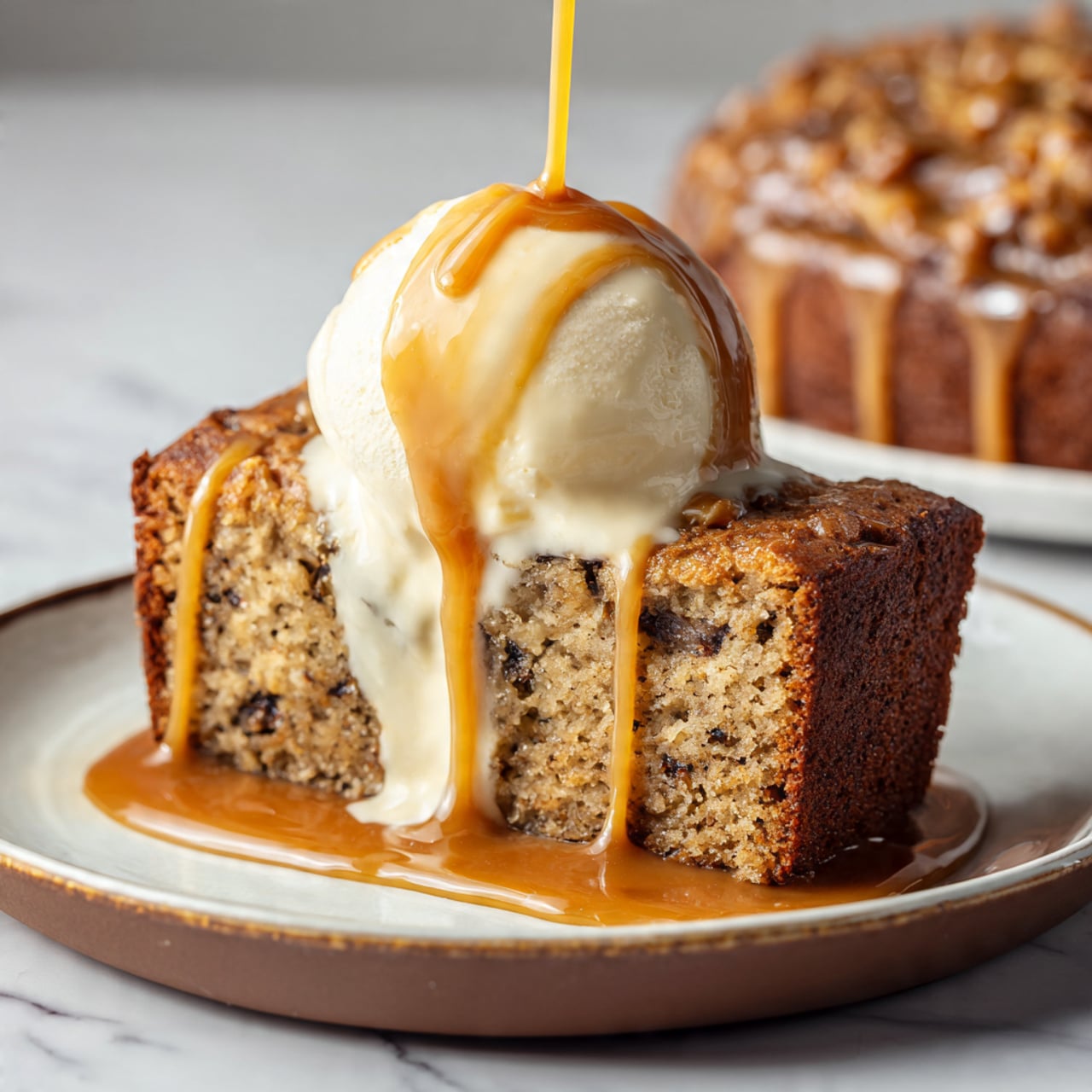 The image shows a round cake placed on a white plate with a white marbled surface underneath. The cake is cut into several triangular slices, with one slice slightly pulled out and angled to show the soft, moist, light brown crumb inside. The entire top and sides of the cake are covered with a smooth, shiny layer of rich caramel-colored glaze that slightly drips onto the plate. The texture of the cake appears dense but tender. The glaze has a glossy finish that reflects light gently. photo taken with an iphone --ar 4:5 --v 7
