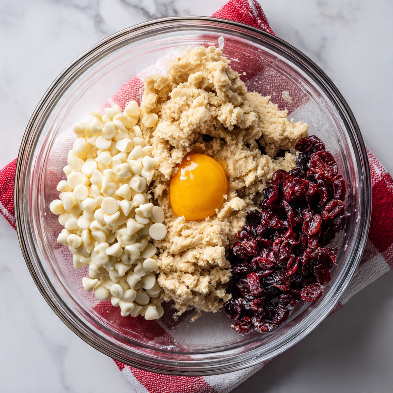 A clear glass mixing bowl sitting on a white marbled surface contains four distinct ingredients side by side: off-white small white chocolate chips piled on the left, light beige cookie dough with a smooth texture in the middle, and small dark red dried cranberries on the right. A cracked egg yolk is partly visible in the dough near the cranberries. A red and white checkered cloth is placed just below the bowl. Photo taken with an iphone --ar 4:5 --v 7