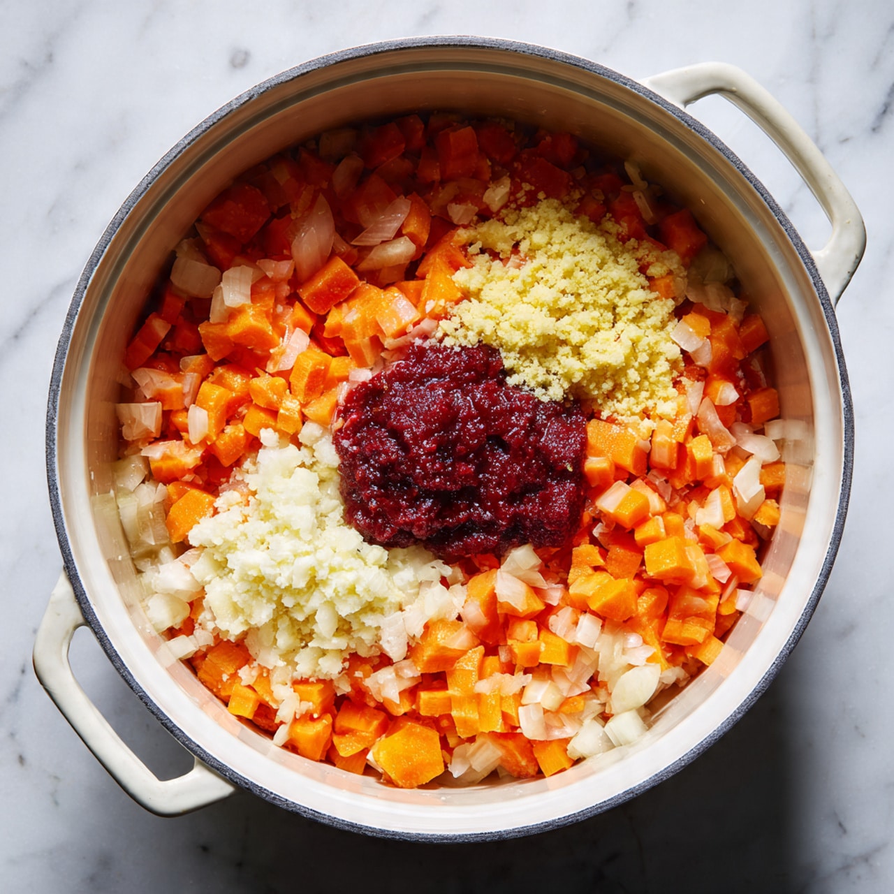 A white pot with two side handles sits on a white marbled surface. Inside the pot, there is a mix of diced orange carrots and pale yellow onions spread evenly as the base layer. On top of this, towards the center, there is a small round pile of deep red tomato paste, a mound of light yellow grated ginger, and a small pile of finely minced white garlic cloves, each distinct and separate from the others. The overall look shows the ingredients just starting to mix, with clear colors and textures. photo taken with an iphone --ar 4:5 --v 7