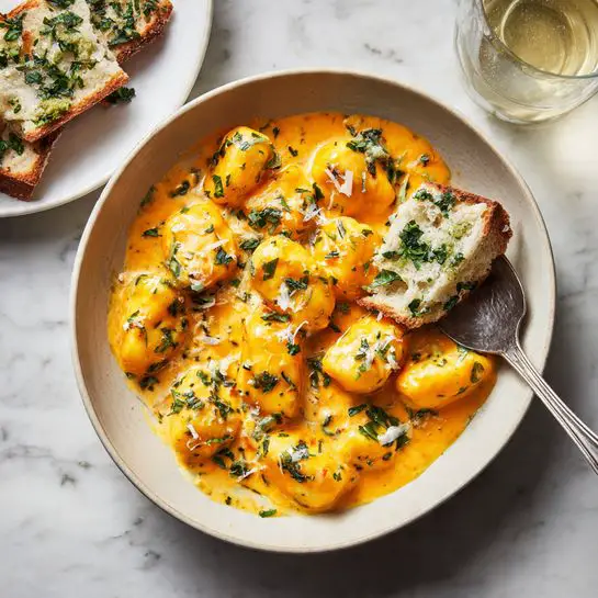 The dish shows a bowl of soft, yellow-orange gnocchi covered in a creamy orange sauce with green herbs scattered throughout and a few finely grated white cheese flakes on top. On one side of the bowl, there is a piece of white flatbread topped with chopped green herbs. A silver spoon rests inside the bowl, partially submerged in the saucy gnocchi. All this sits on a white marbled surface. In the background, there is a white plate holding more slices of the herb flatbread. Photo taken with an iphone --ar 4:5 --v 7