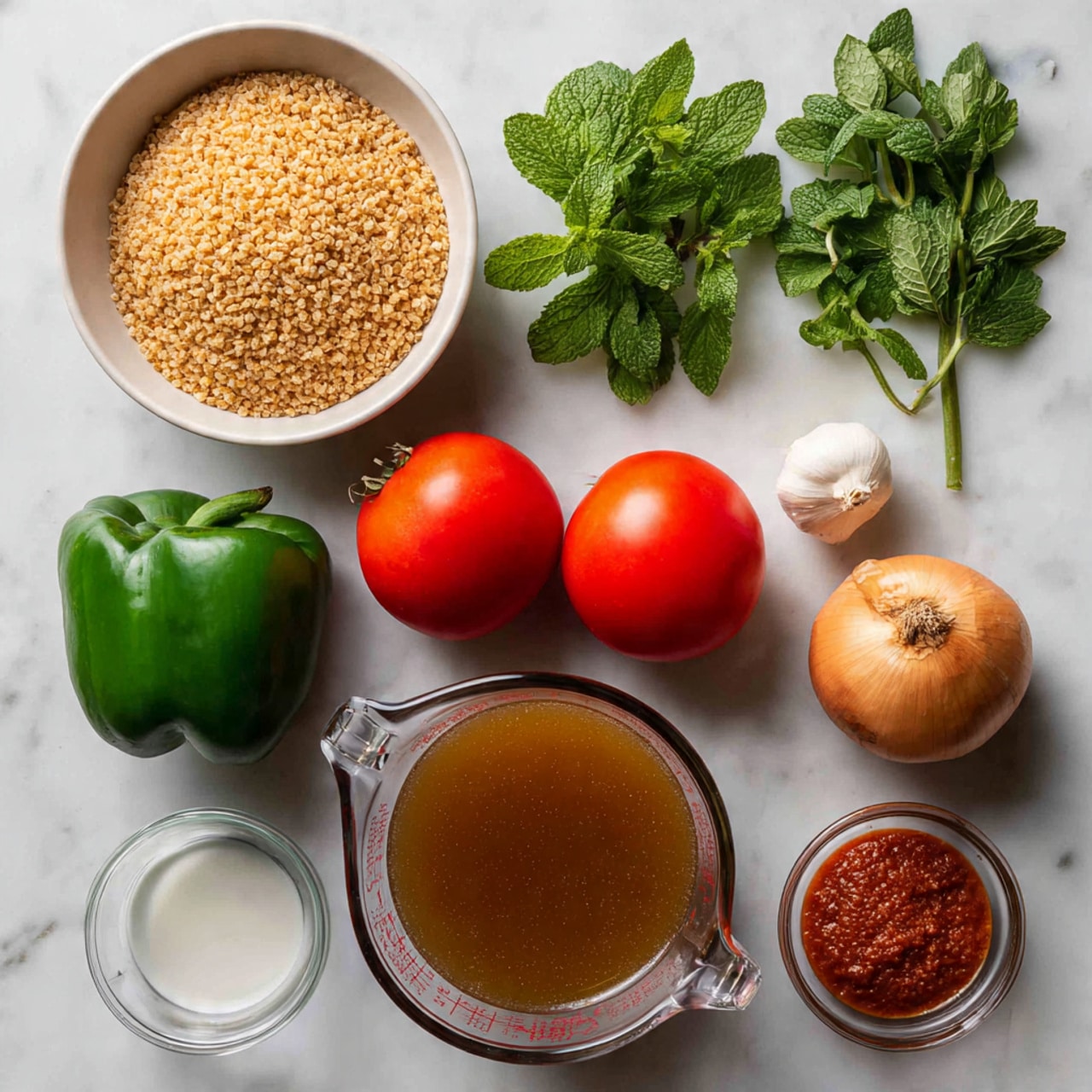 The image shows various cooking ingredients arranged neatly on a white marbled surface. At the top left, there is a white bowl filled with light brown bulgur wheat. To the right of it, three sprigs of fresh mint with green leaves are placed, and below them is a small bunch of fresh parsley with dark green leaves. Near the center left, there is a whole green bell pepper with a smooth, shiny surface. Below it, there is a clear measuring cup filled with brown vegetable broth. To the right of the broth, two red plum tomatoes with smooth skins are placed side by side. Below the tomatoes, there is a whole white garlic bulb and next to it a yellow onion with its outer skin partially peeled. On the far right side near the tomatoes, a small clear bowl contains a red paste, likely tomato or red pepper paste. At the bottom right, there is a small white bowl filled with a white liquid. The photo taken with an iphone --ar 4:5 --v 7