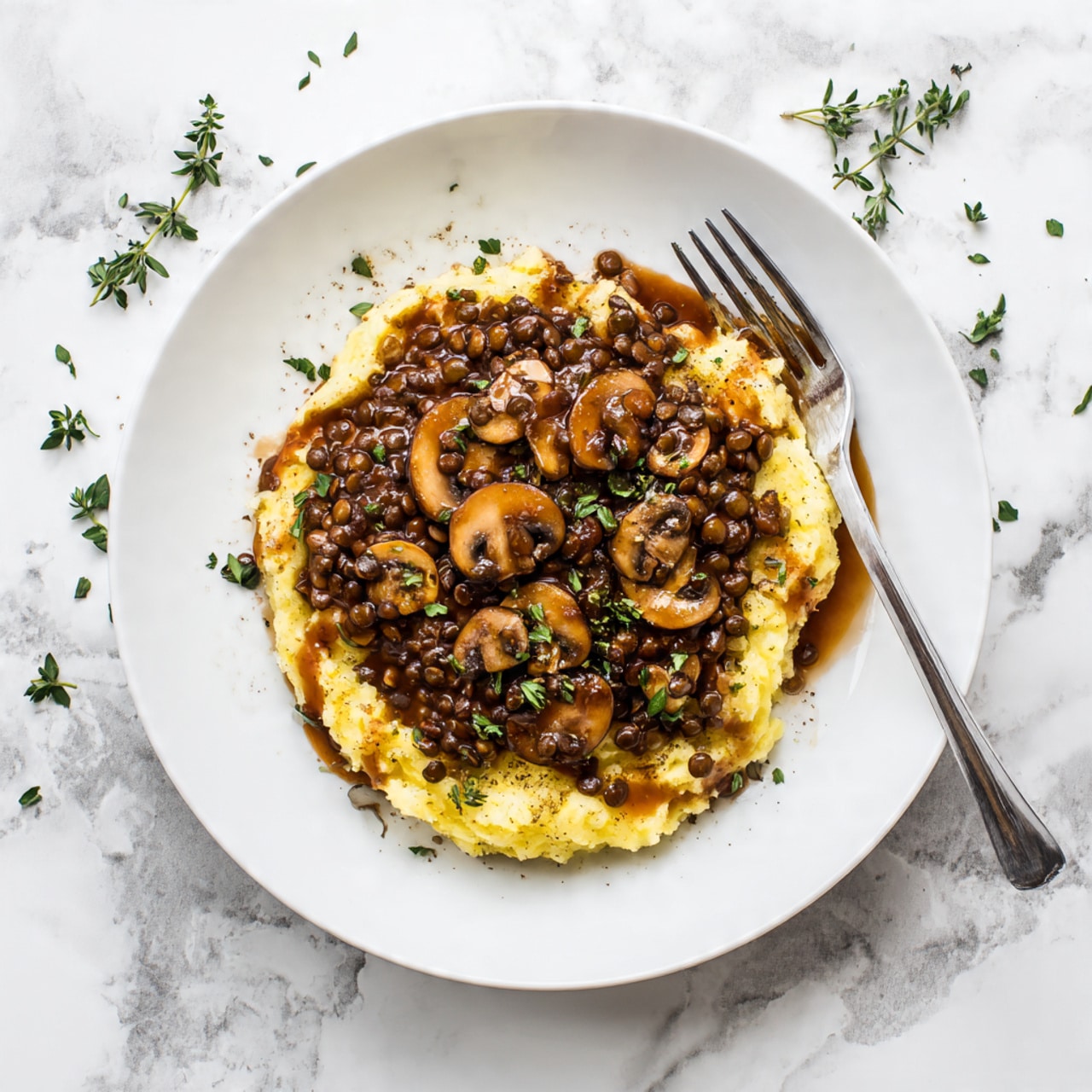 A white plate holds a base layer of light yellow mashed potatoes with a soft, creamy texture, unevenly spread across the plate. On top, a thick layer of brown lentils mixed with small slices of mushrooms creates a chunky, glossy texture. The lentils and mushrooms are coated in a rich brown sauce that slightly spills onto the mashed potatoes. Fresh green herbs are sprinkled over the lentils and around the plate, adding small pops of color. A silver fork rests on the right side of the plate, its prongs touching the edge of the mashed potatoes. The plate is placed on a white marbled textured surface with more scattered green herb leaves around. Photo taken with an iphone --ar 4:5 --v 7