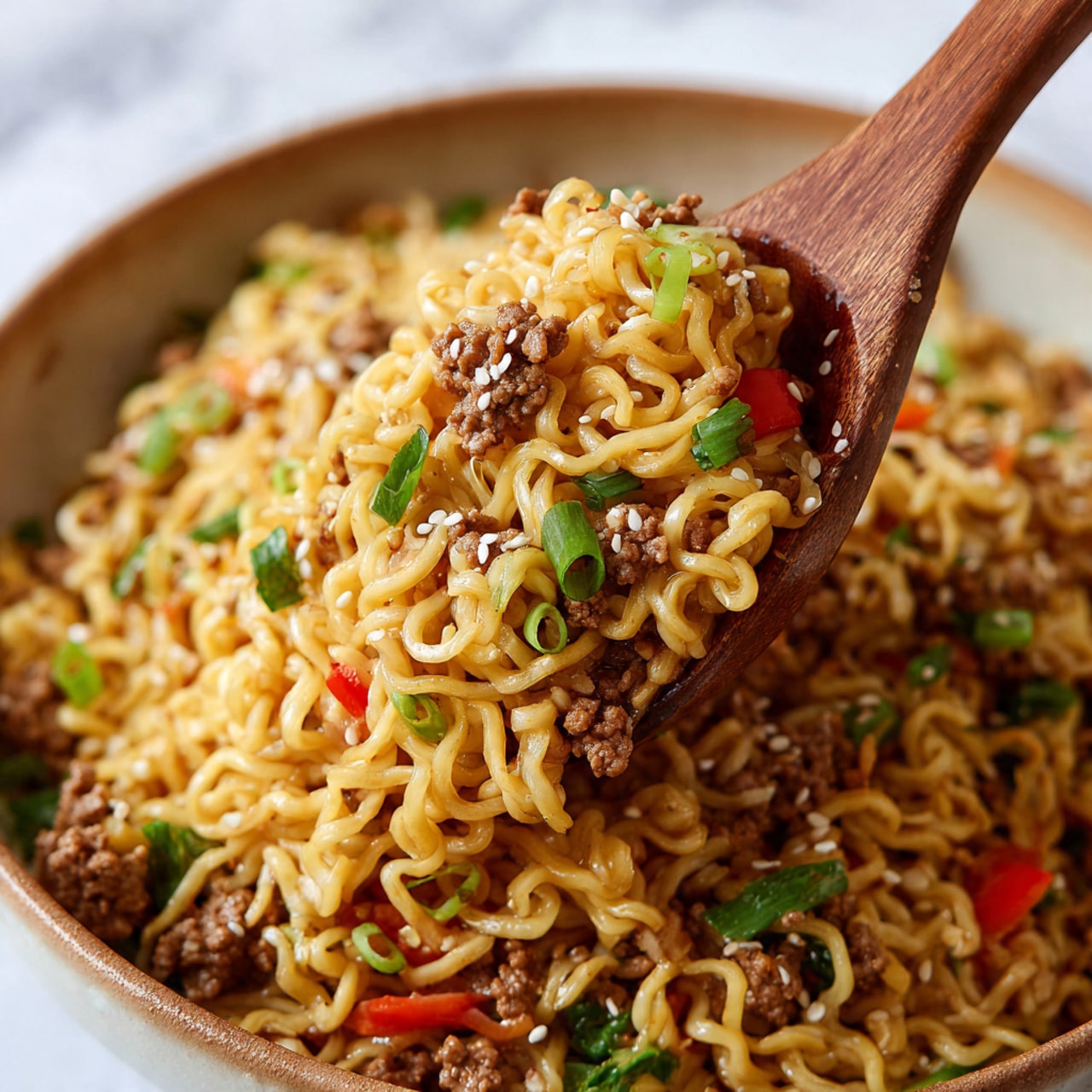 A white bowl filled with three layers of food: the bottom layer is curly orange-brown noodles mixed with small pieces of cooked ground meat and small red pepper pieces; the middle layer is thickly scattered chopped green onions, adding bright green colors; the top layer shows white sesame seeds spread evenly all over. The bowl is set on a blue and white patterned cloth next to some fresh green onions. The background is a white marbled surface photo taken with an iphone --ar 4:5 --v 7