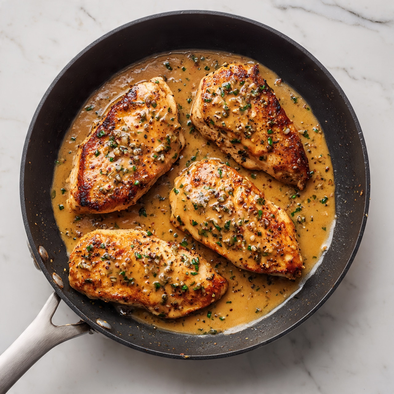 A white plate shows three sections of food on a white marbled background: on the left, bright green cooked green beans with a smooth, shiny texture; in the middle, a fluffy light cream pile of mashed potatoes topped with a light brown gravy that has small black pepper specks; on the right, a golden brown patty covered in the same light brown gravy with flecks of green herbs, the gravy spreading slightly onto the plate. photo taken with an iphone --ar 4:5 --v 7