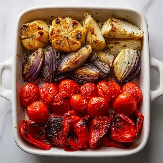 A white baking dish contains three groups of roasted vegetables arranged in layers: at the top left, a whole head of golden-brown roasted garlic with caramelized edges; to the right of that, several wedges of soft roasted red onion showing a light purple and white gradient with slightly charred tips; below that, a thick middle layer of bright red roasted tomato halves, some showing wrinkled skin and slight dark spots from roasting; and at the bottom, several large roasted red pepper slices with dark char marks and a glossy texture. The dish sits on a white marbled surface. photo taken with an iphone --ar 4:5 --v 7