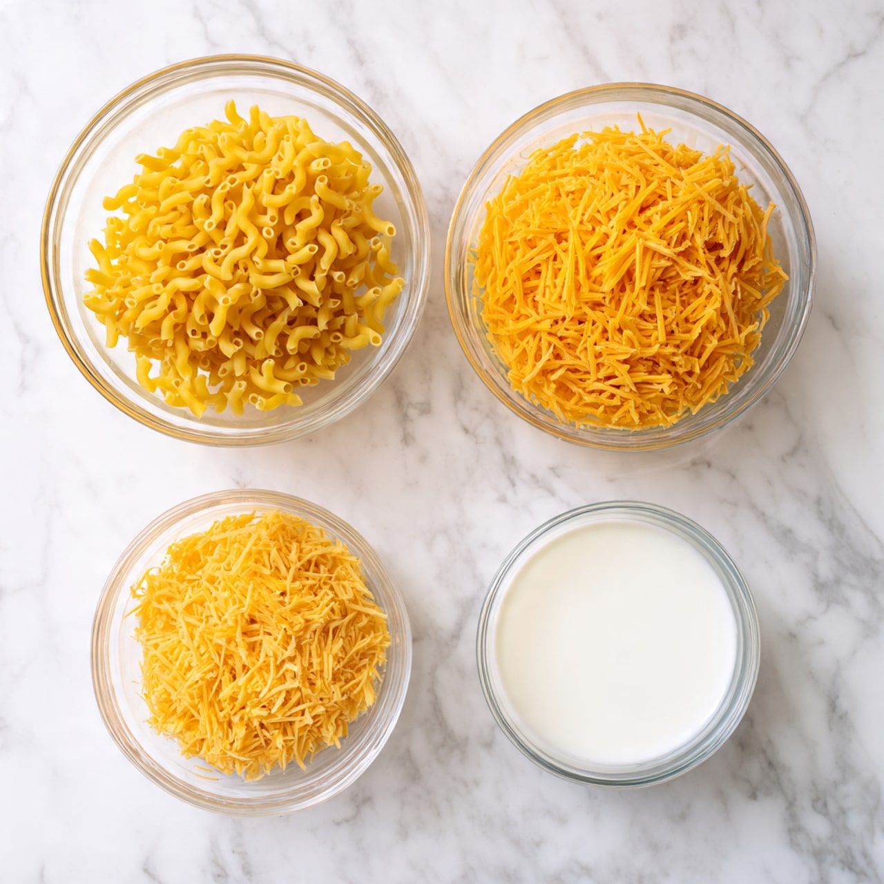 The image shows four clear glass bowls on a white marbled texture. The top left bowl is filled with yellow dry elbow macaroni pasta, the top right bowl contains shredded orange cheddar cheese, the bottom right small bowl has white milk, and the bottom left bowl is empty. All bowls have simple, smooth surfaces and are neatly placed in a loose square shape, with light reflecting softly on the glass edges photo taken with an iphone --ar 4:5 --v 7