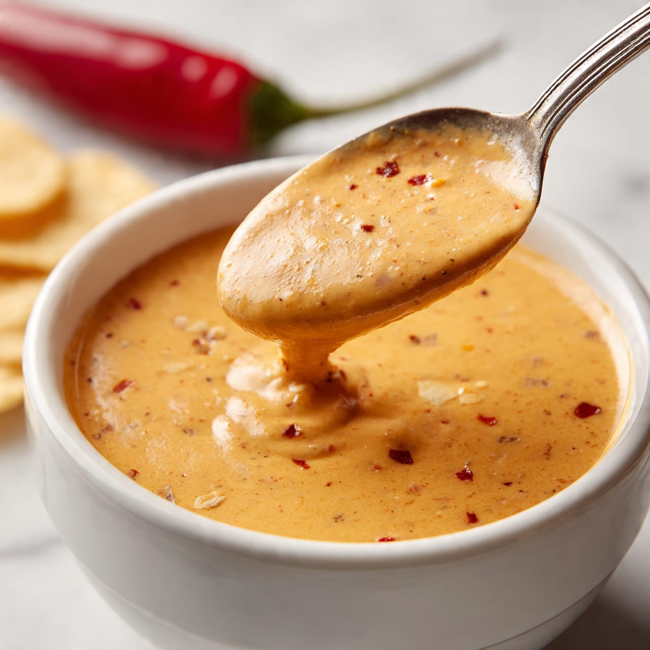 A close-up image shows a smooth, creamy light orange sauce with tiny specks, held on a silver spoon above a white bowl full of the same sauce. The sauce has a thick, smooth texture with a small drip falling back into the bowl. In the background, slightly out of focus, there is a red chili pepper and some round beige chips. The surface beneath the bowl has a white marbled texture. photo taken with an iphone --ar 4:5 --v 7