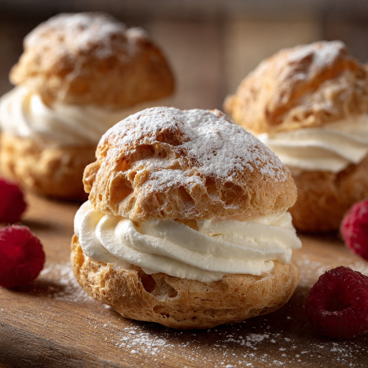 Three cream puffs are stacked on top of each other on a white marbled surface, each puff golden brown with a light dusting of powdered sugar. Each puff shows a visible white cream filling peeking out from the sides, giving a soft and fluffy texture contrast. Around the base of the stack, there are bright red fresh raspberries adding a pop of color. The background is softly blurred, focusing attention on the delicate, creamy desserts. photo taken with an iphone --ar 4:5 --v 7