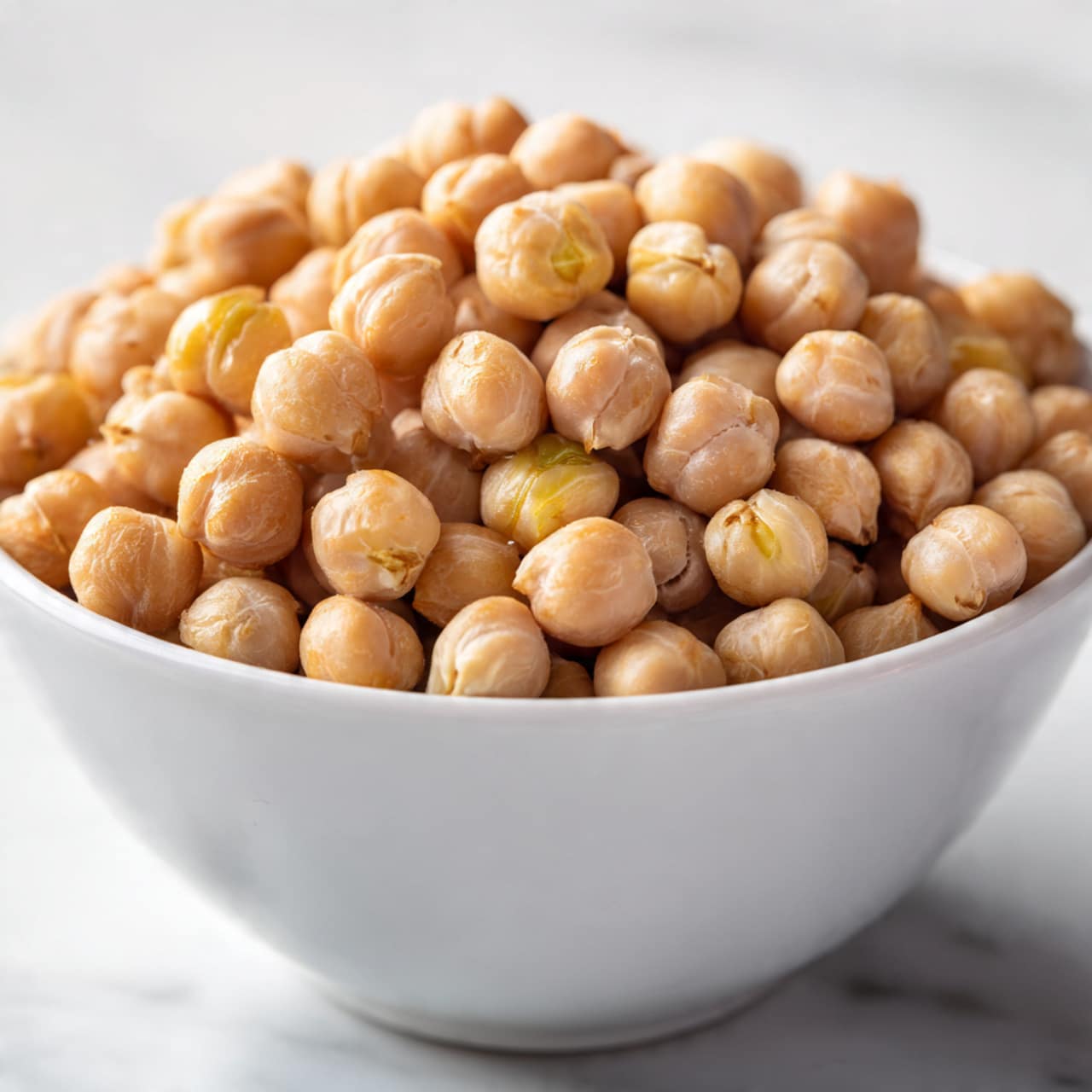 A white bowl filled with a single layer of light brown chickpeas, each with a smooth yet slightly textured surface, filling the bowl to the top. The chickpeas are round and plump, some with small yellowish marks. The bowl is placed on a white marbled surface, and the focus is on the chickpeas with a soft, blurred background. photo taken with an iphone --ar 4:5 --v 7