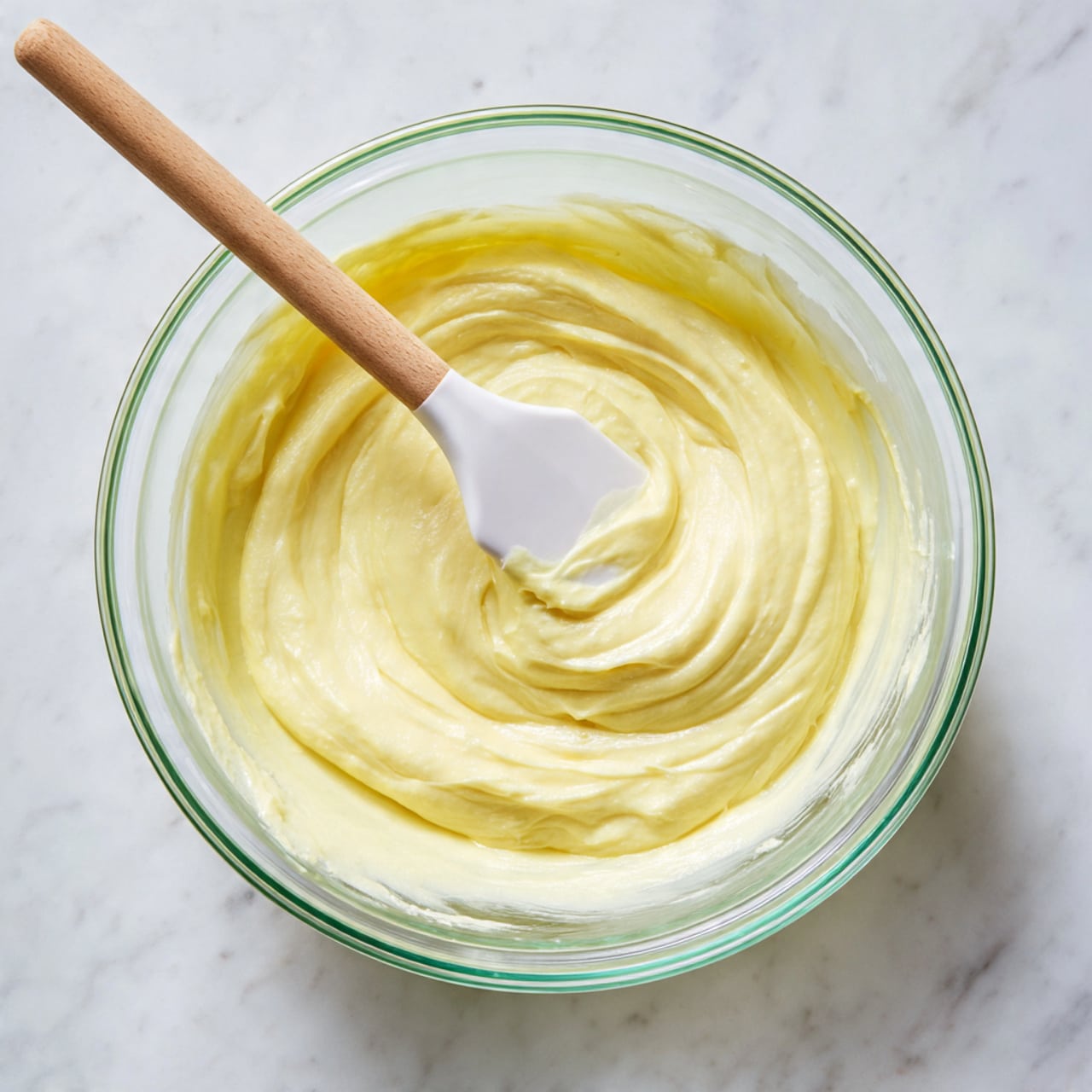 A close-up view of a clear glass bowl with a green rim set on a white marbled surface, filled with one thick layer of smooth, pale yellow batter. A white silicone spatula with a wooden handle is partially immersed in the batter, showing the creamy texture and gentle swirls it creates as it stirs. The lighting is soft and natural, highlighting the batter’s velvety surface. photo taken with an iphone --ar 4:5 --v 7