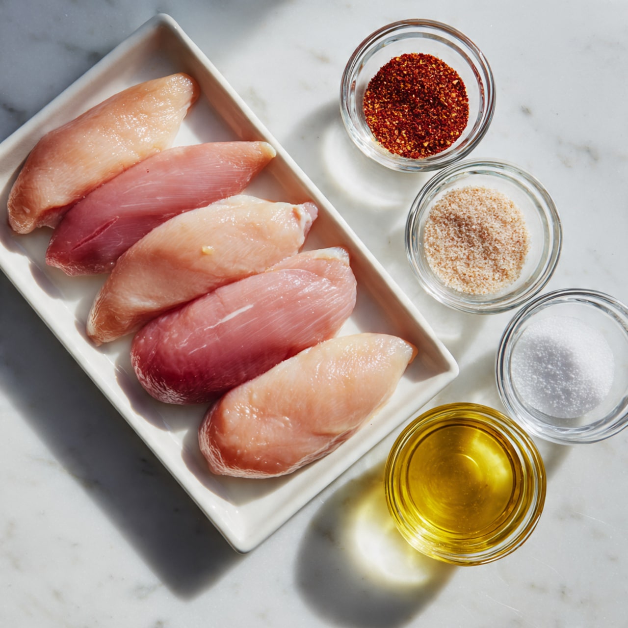 The image shows four raw chicken fillets placed in a row on a white rectangular tray. To the right of the tray, there are four small clear bowls arranged vertically, each containing different ingredients: one with a clear liquid, another with a reddish spice, the next with white salt, and the last with a yellow oil. The background is a white marbled surface, and the lighting is soft and bright, highlighting the freshness of the chicken and the ingredients. photo taken with an iphone --ar 4:5 --v 7
