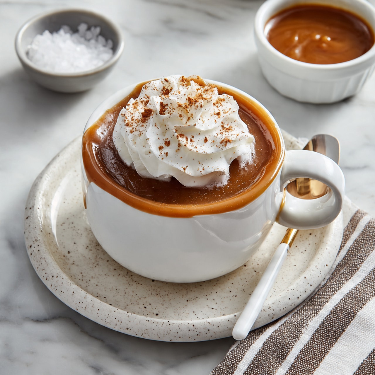 A white ceramic cup filled with three layers: a smooth, light brown pudding at the base, a thick, glossy caramel sauce covering the pudding, and a dollop of whipped cream sprinkled with cinnamon on top, all placed on a white speckled saucer. Next to the cup is a spoon with a white handle and gold head resting on the saucer. In the background, there's a small white bowl with coarse salt and another white bowl with extra caramel sauce. A white and brown striped cloth is partially visible at the bottom right on a white marbled surface. photo taken with an iphone --ar 4:5 --v 7