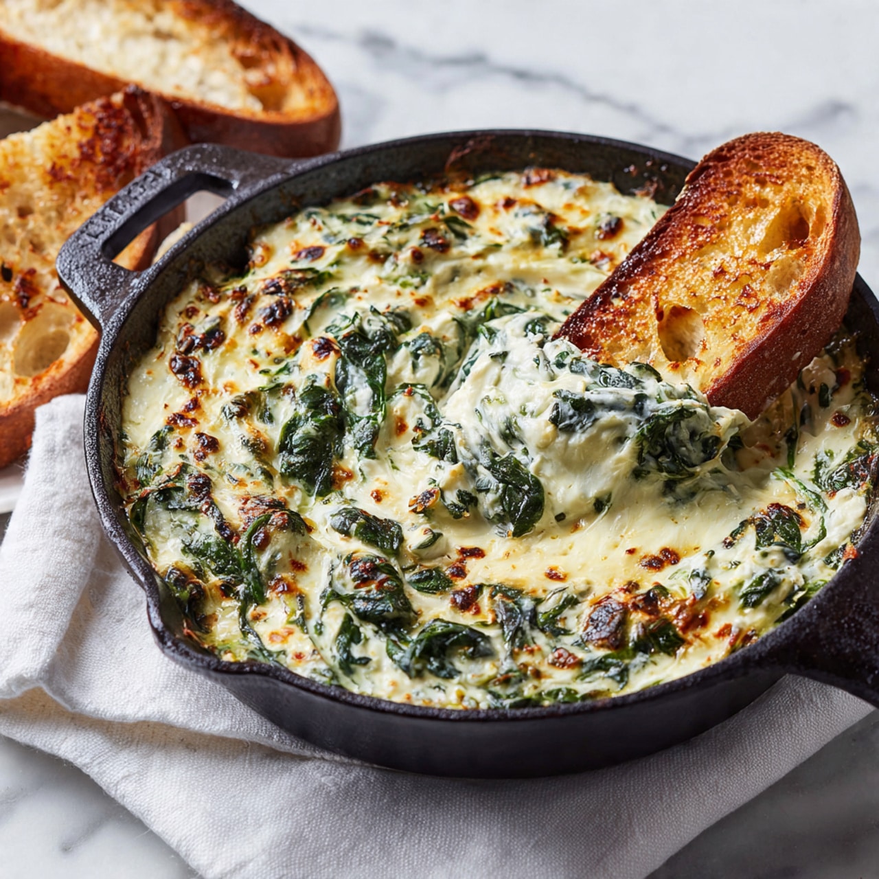 A skillet filled with creamy spinach and cheese dip that has a smooth, thick texture mixed with green spinach leaves visible throughout. A toasted slice of golden brown bread is dipped into the creamy mixture, showing the way the dip clings onto it. In the background, more toasted bread slices with a light golden crust sit on a wooden board and a white and blue striped cloth is partly visible. The whole scene is set on a white marbled surface. photo taken with an iphone --ar 4:5 --v 7